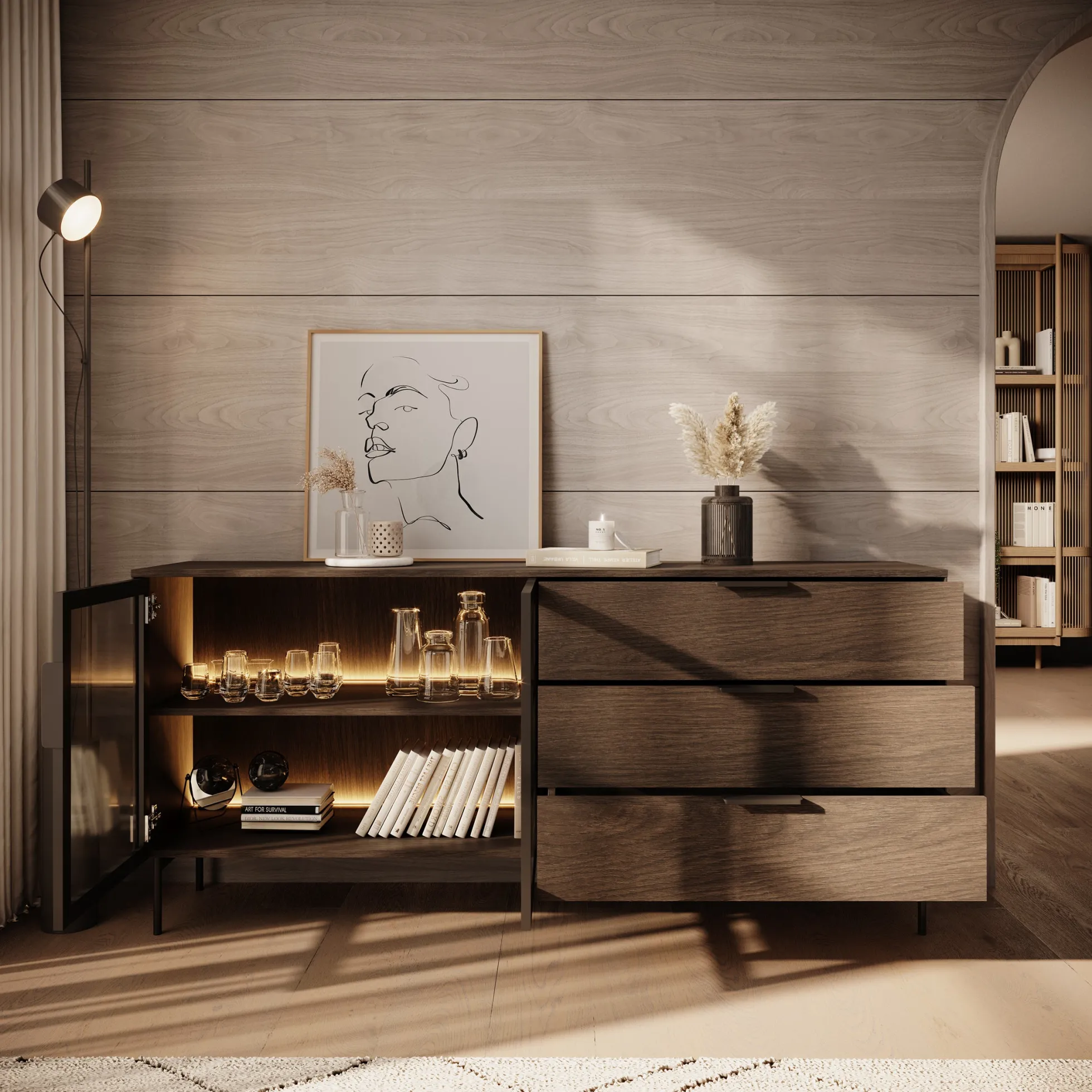 Lomo - Dressoir 3 lades - Donker eiken - 181x39x83 cm