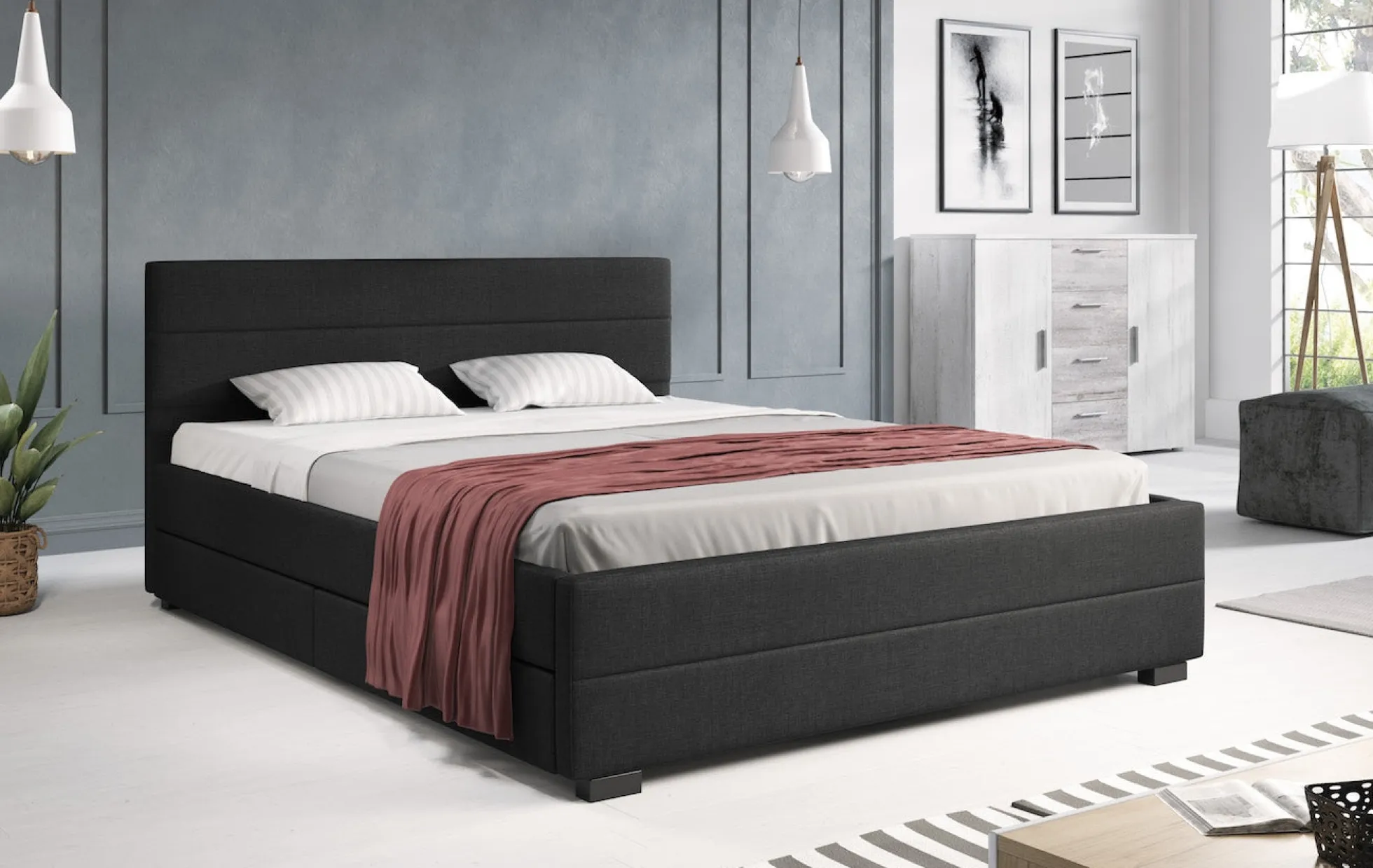 Loox - Tweepersoonsbed met 4 lades - Stof zwart - 160x200 cm