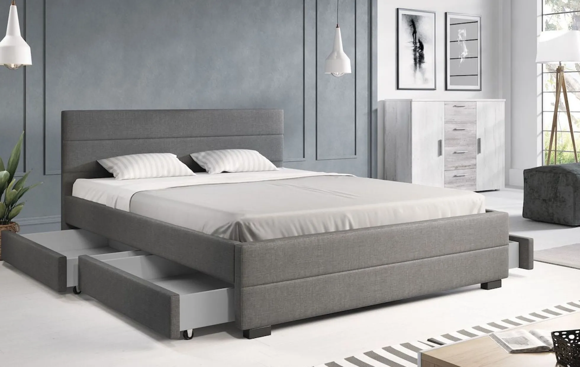 Loox - Tweepersoonsbed met 4 lades - Stof grijs - 160x200 cm