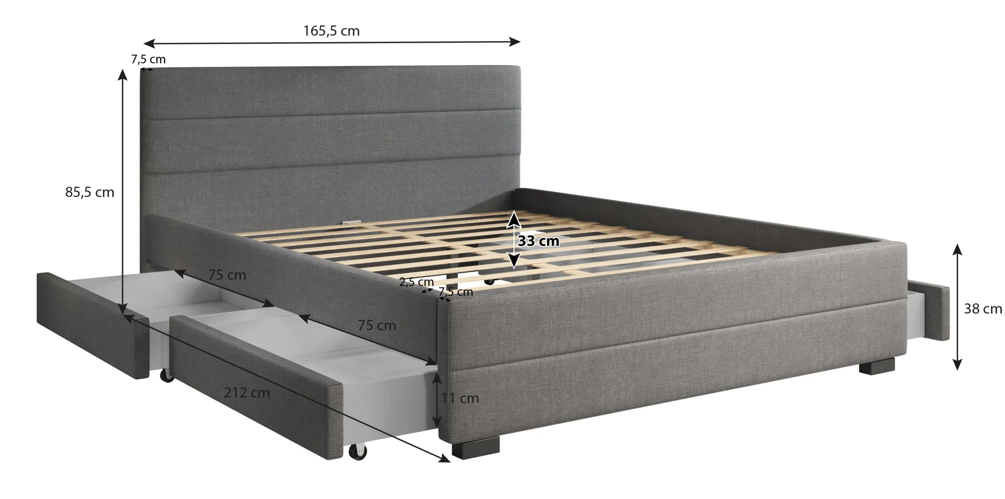 Loox - Tweepersoonsbed met 4 lades - Stof grijs - 160x200 cm