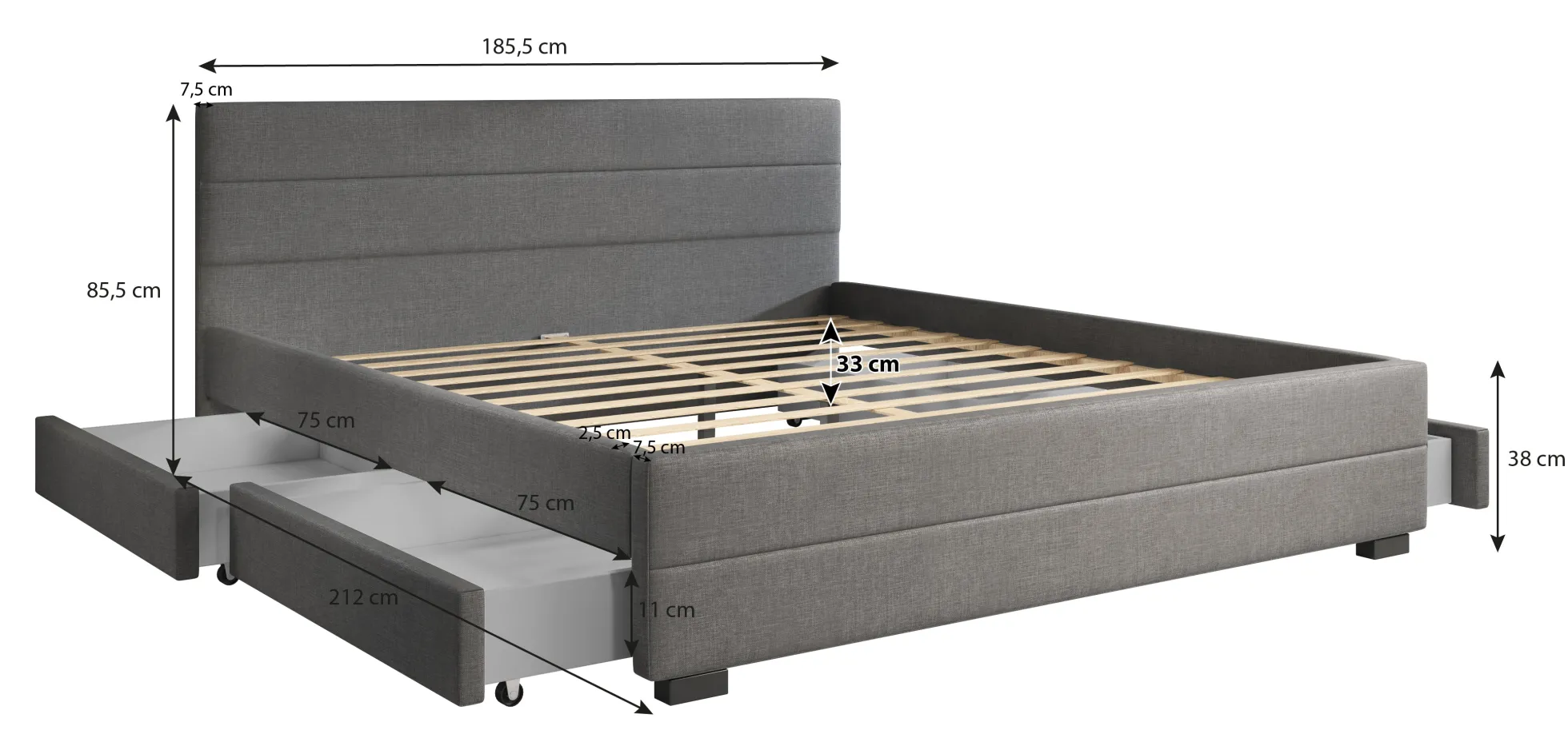 Loox - Tweepersoonsbed met 4 lades - Stof grijs - 180x200 cm