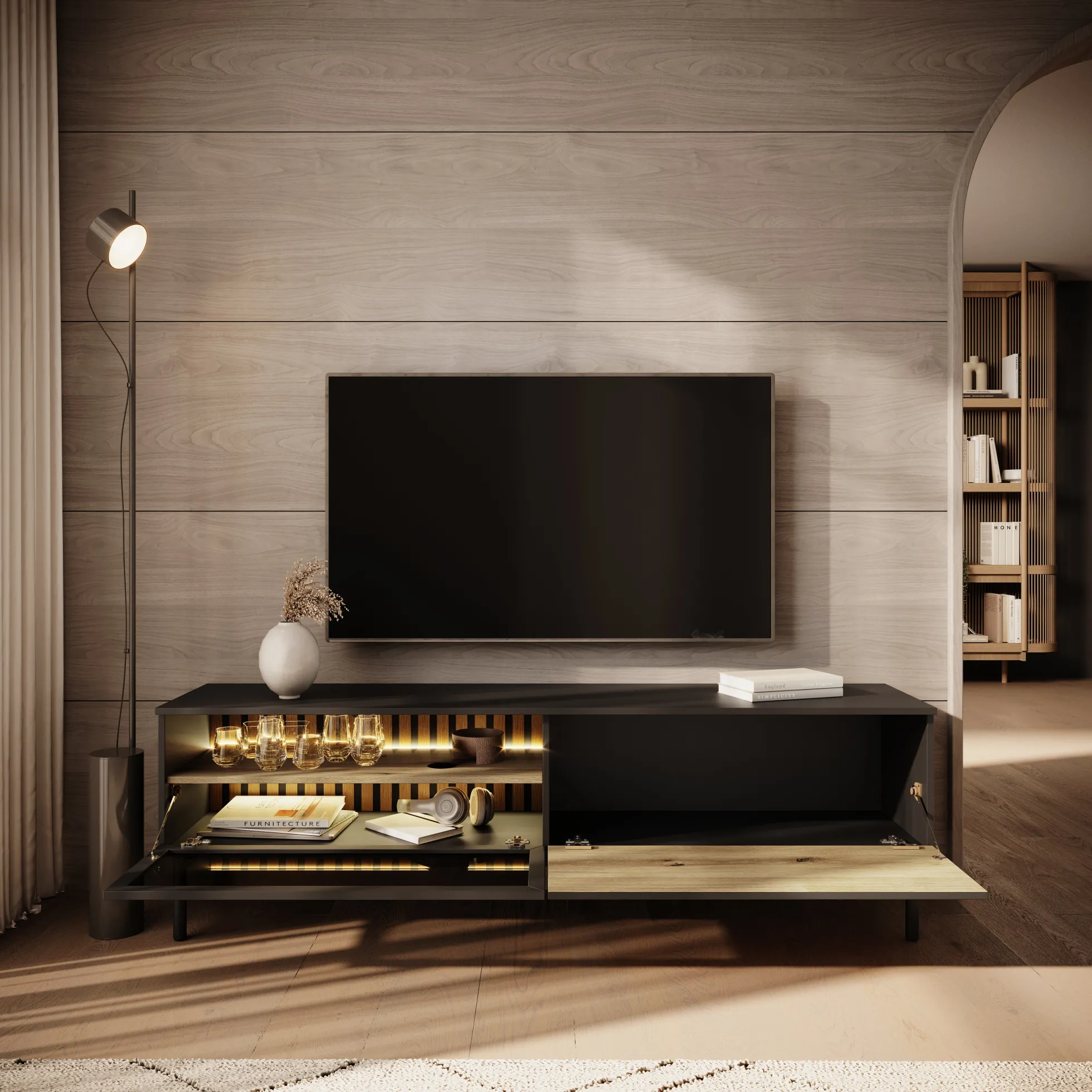 Ludwig - TV-Meubel met verlichting - Zwart/eiken - 180 cm