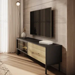 Ludwig - TV-Meubel met verlichting - Zwart/eiken - 180 cm