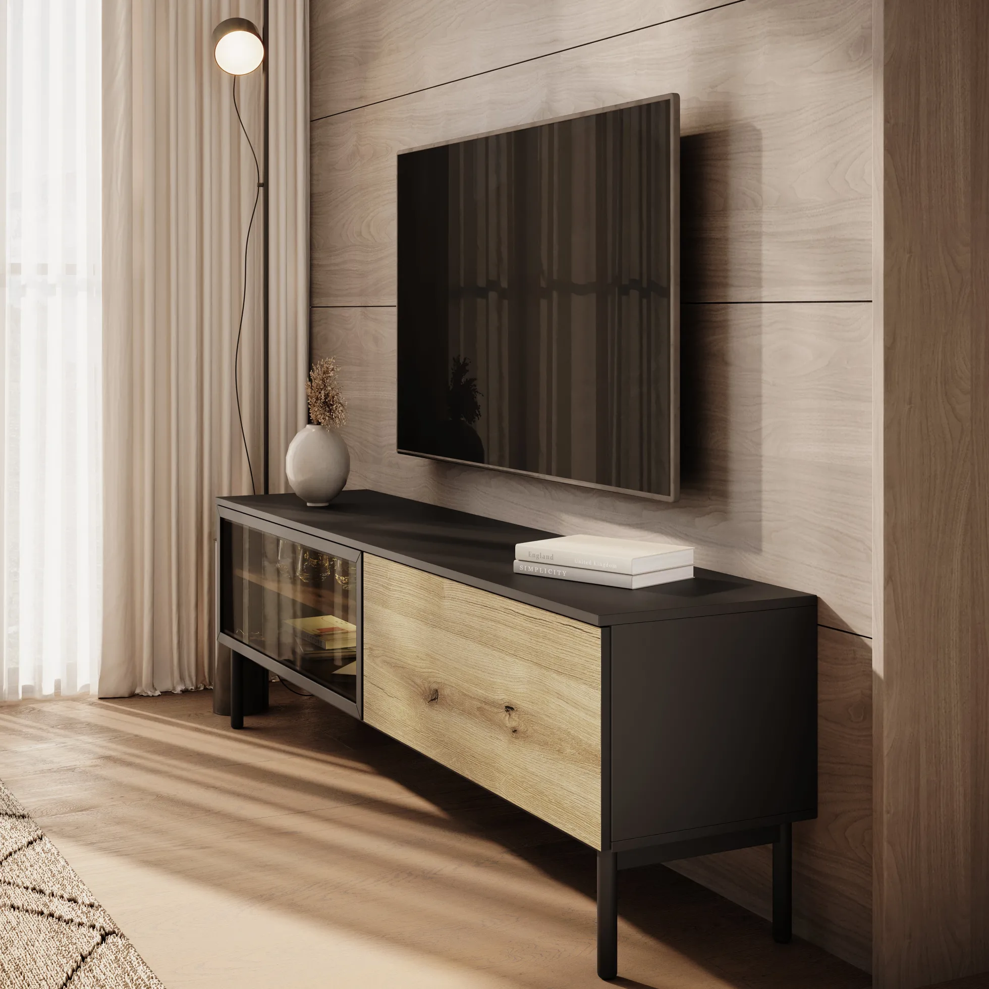Ludwig - TV-Meubel met verlichting - Zwart/eiken - 180 cm