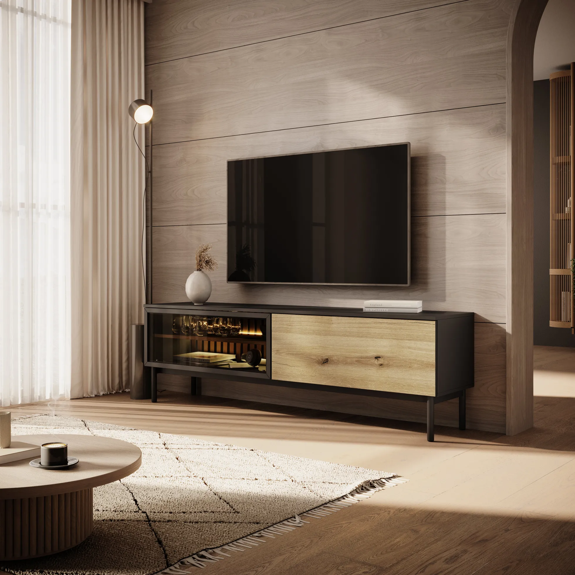Ludwig - TV-Meubel met verlichting - Zwart/eiken - 180 cm