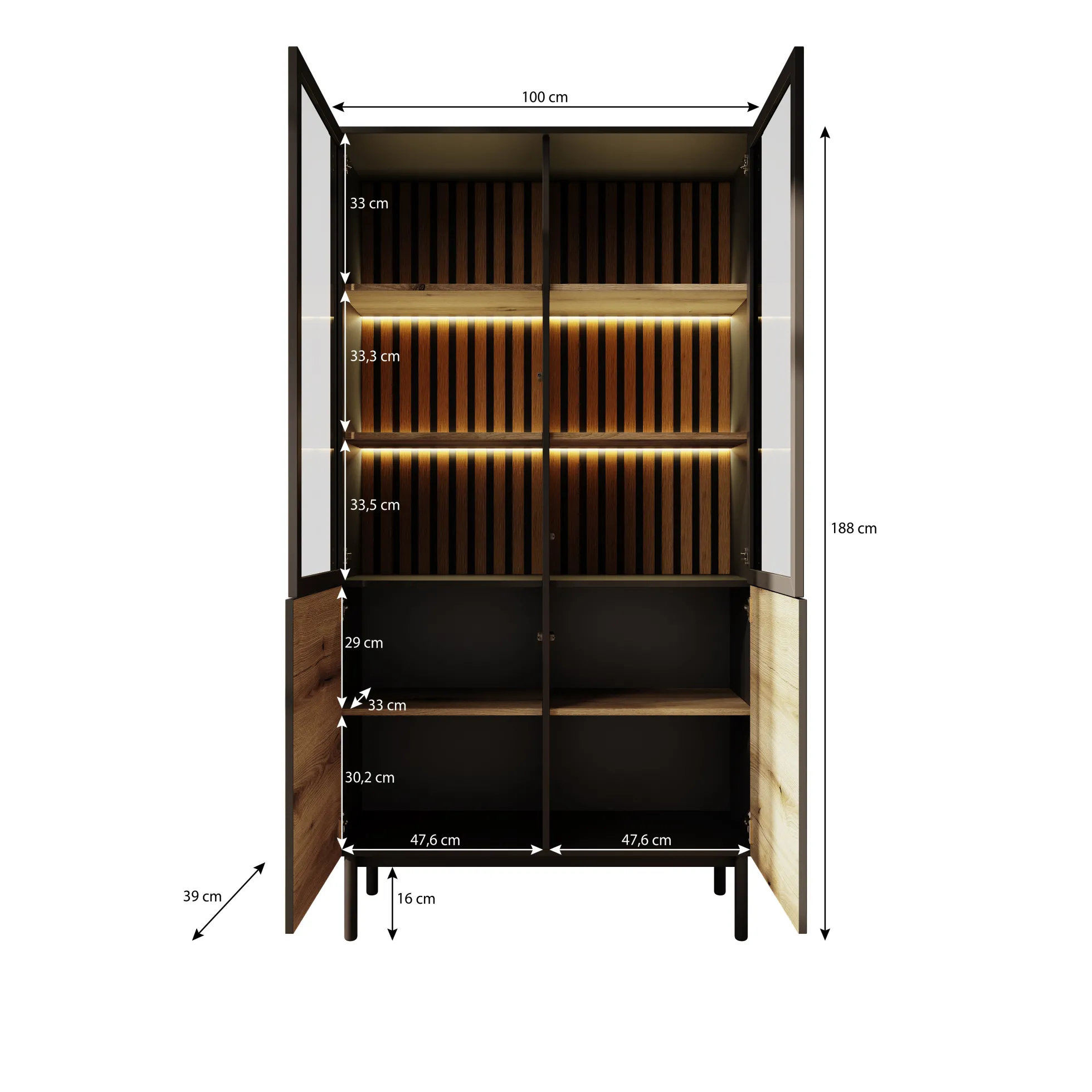 Ludwig - Vitrinekast - Zwart/eiken - 100x39x188 cm