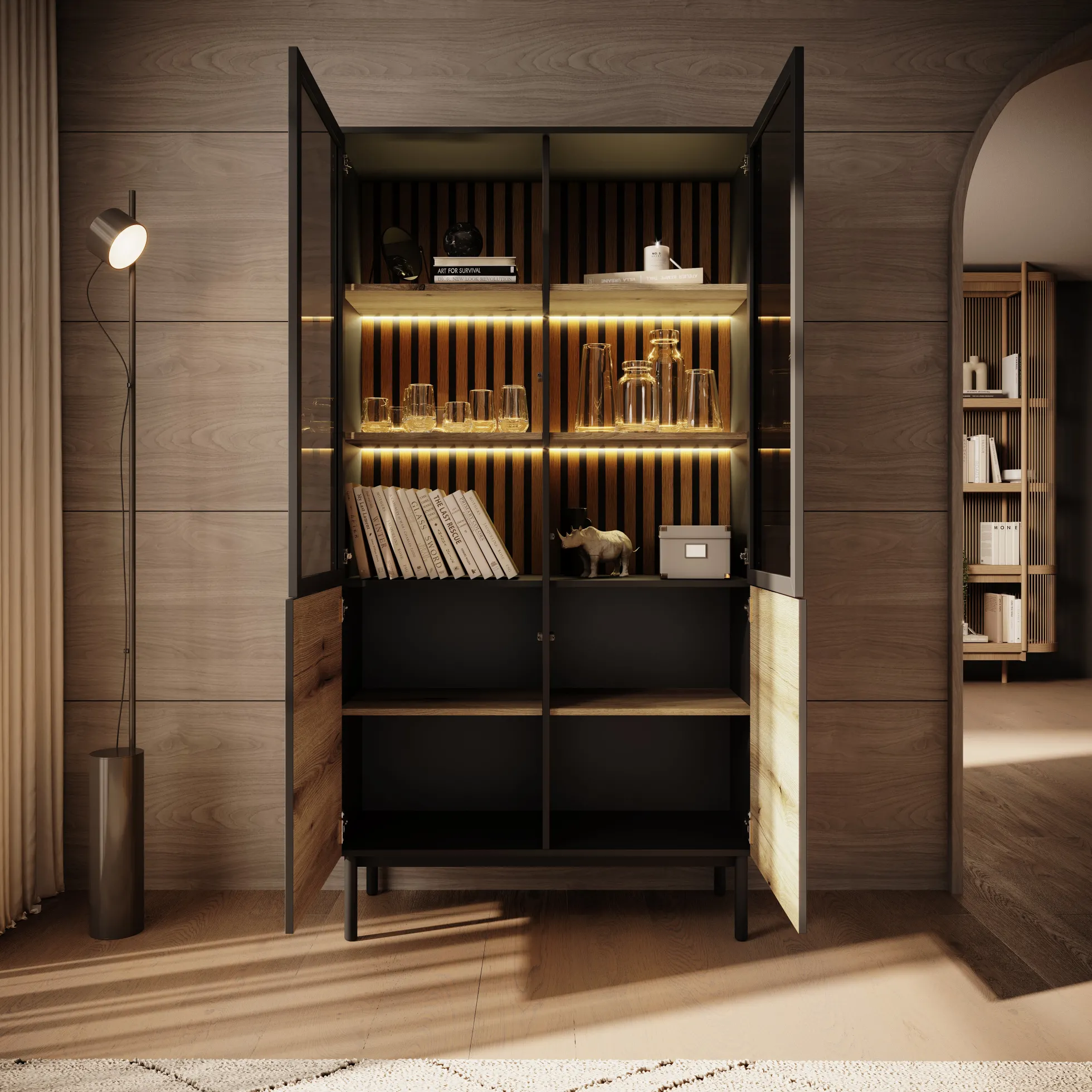 Ludwig - Vitrinekast - Zwart/eiken - 100x39x188 cm