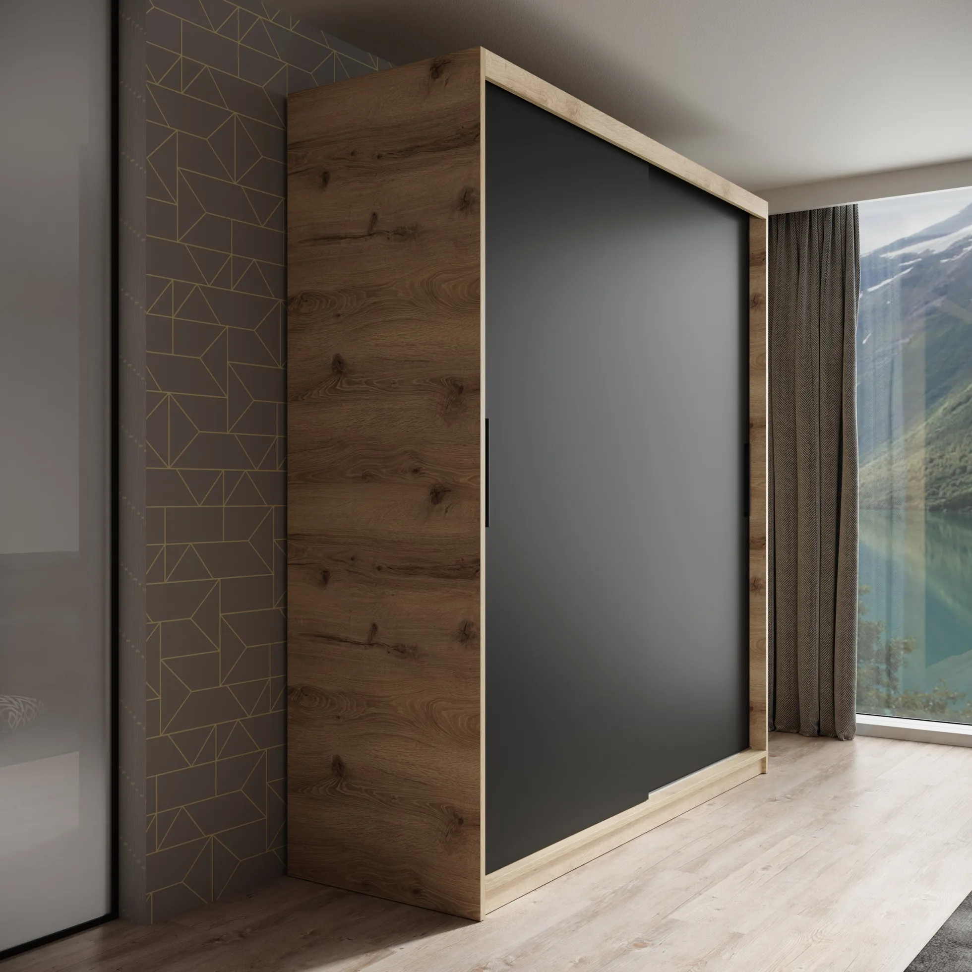 Luxor - Kledingkast met schuifdeuren - Zwart/eiken - 180x62x200 cm