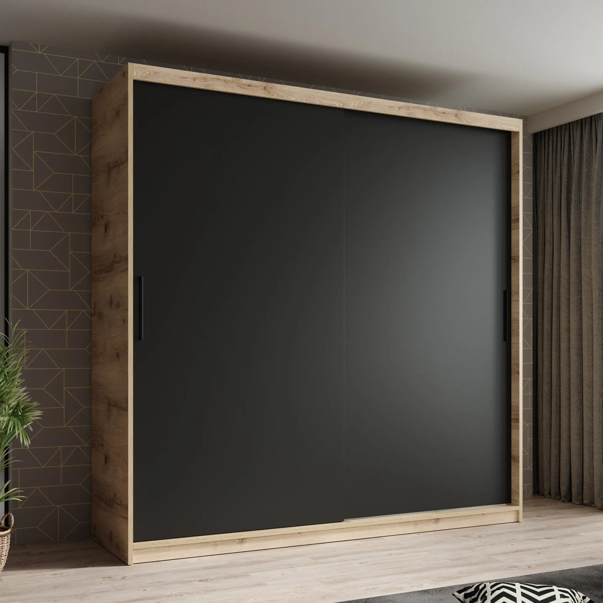 Luxor - Kledingkast met schuifdeuren - Zwart/eiken - 200x62x200 cm