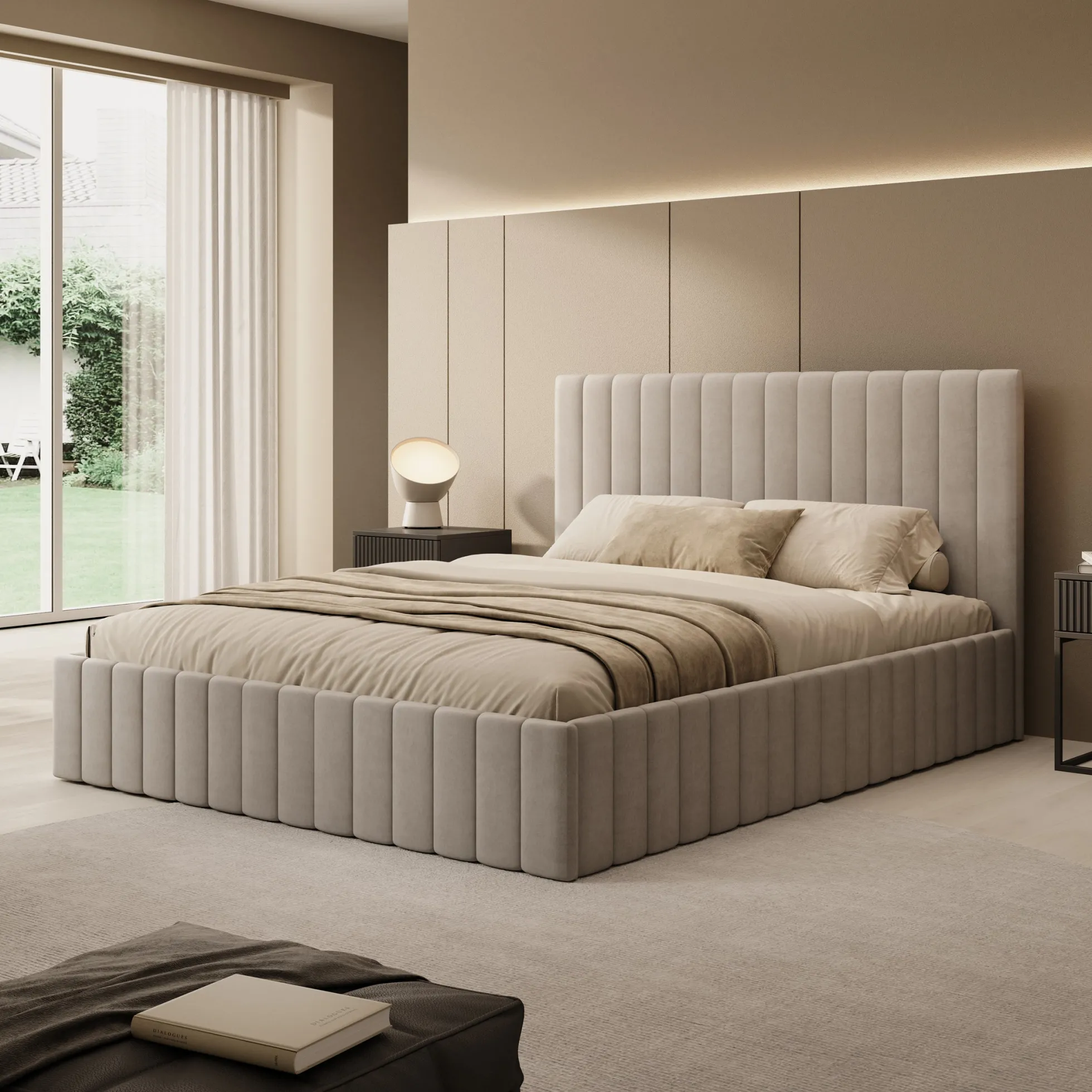 Luz - Tweepersoonsbed met opbergruimte - Beige velvet - 160x200 cm