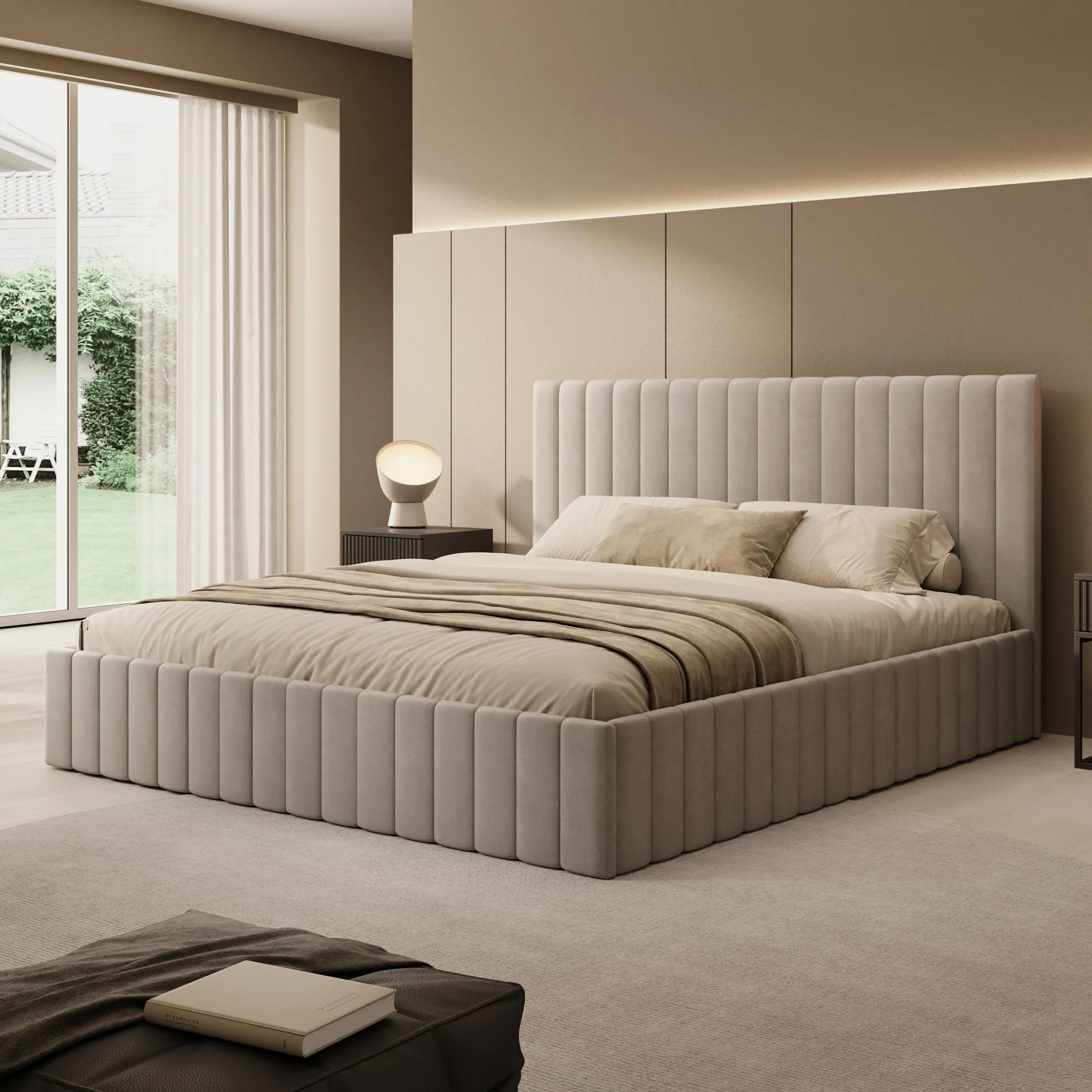 Luz - Tweepersoonsbed met opbergruimte - Beige velvet - 180x200 cm