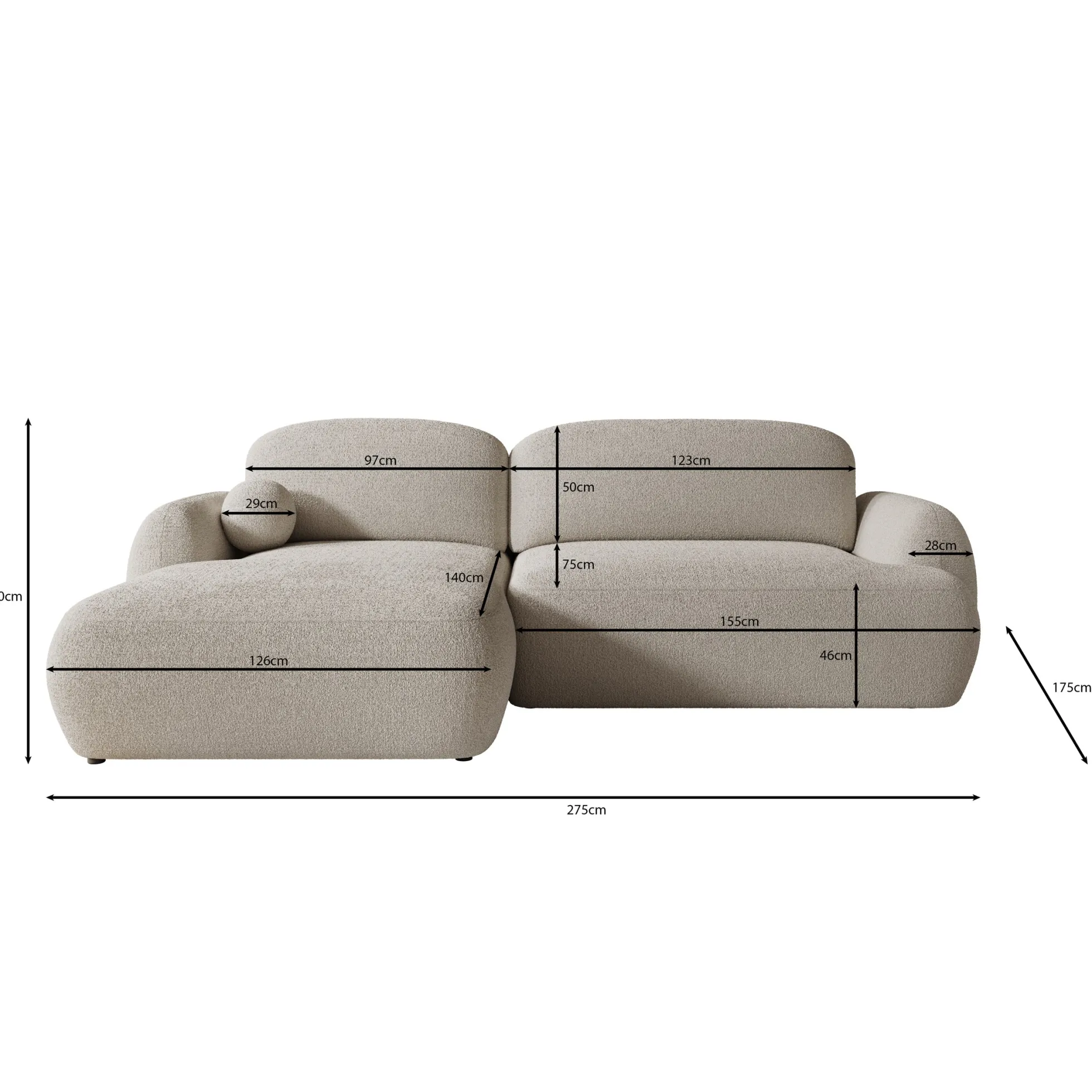 Malaga - Hoekbank 3-zits met chaise longue - Teddystof beige - Links