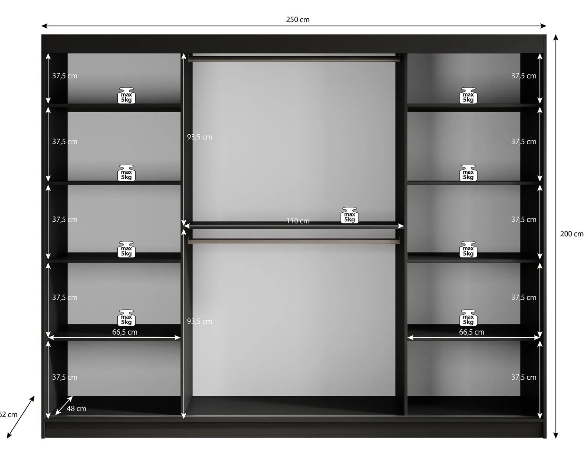 Malavi 2 - Kledingkast met schuifdeuren - Zwart - 250x62x200 cm