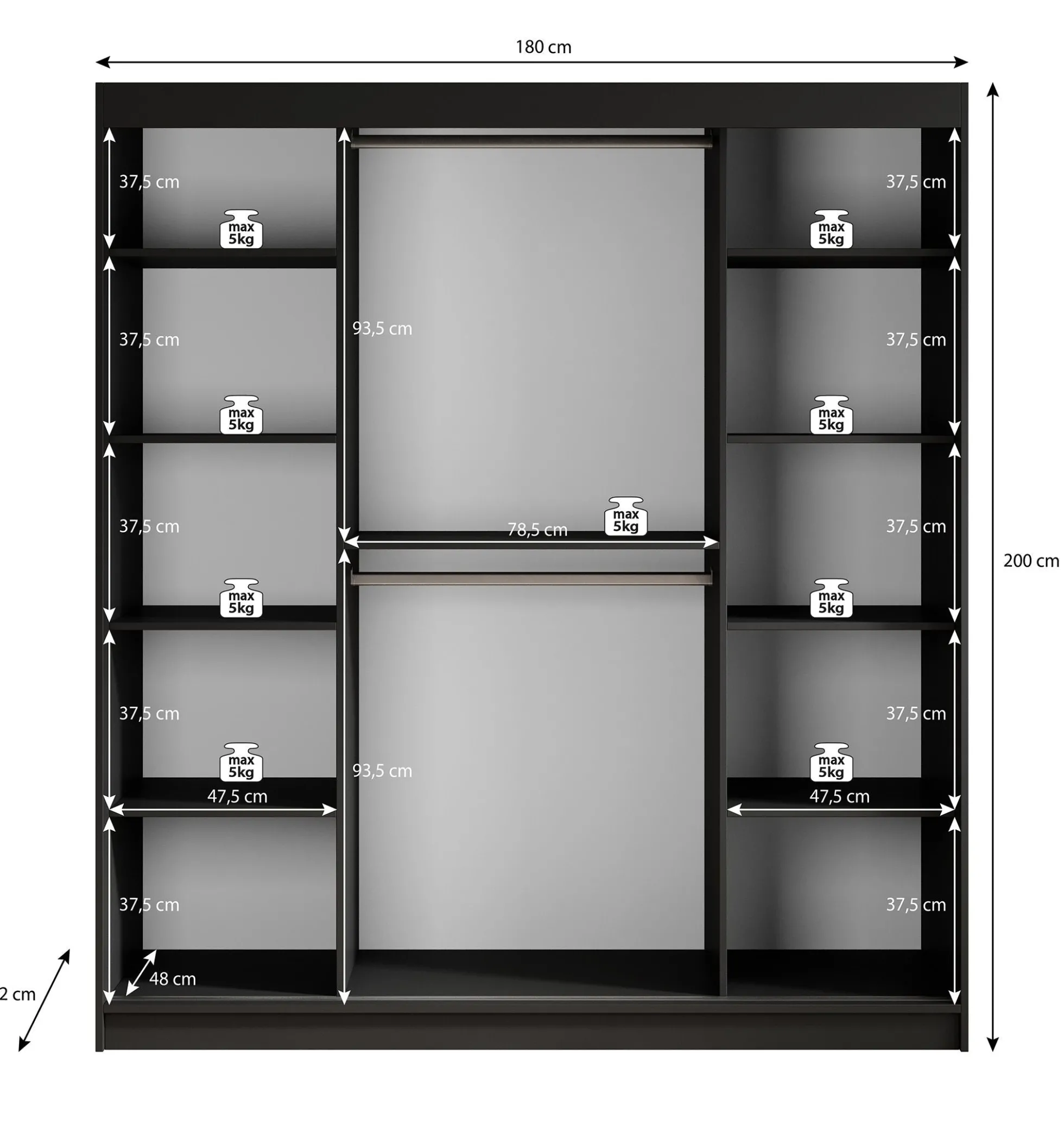 Malavi 2 - Kledingkast met schuifdeuren - Zwart - 180x62x200 cm