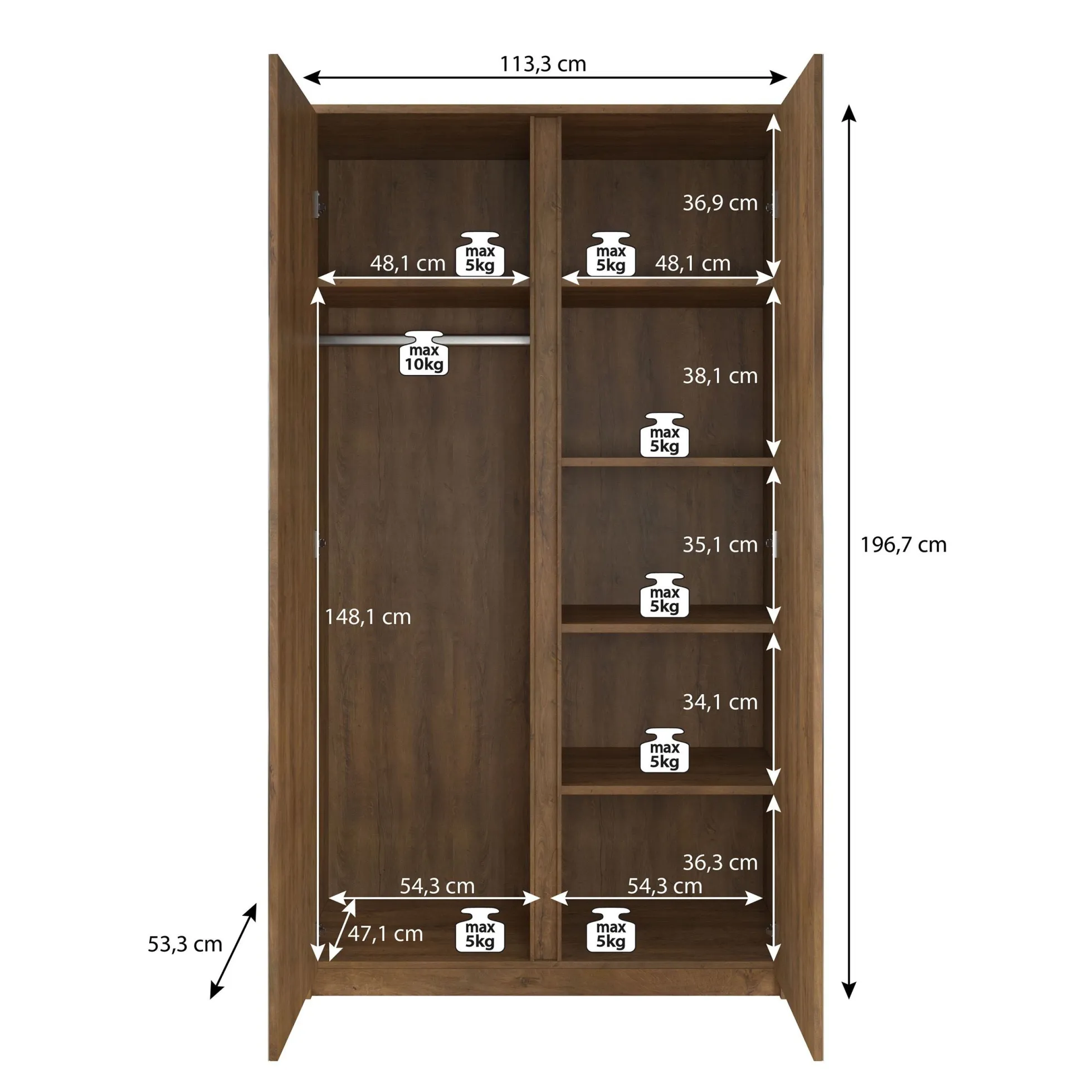 Malibu - Kledingkast 2-deurs - Eiken - 113x53x197 cm