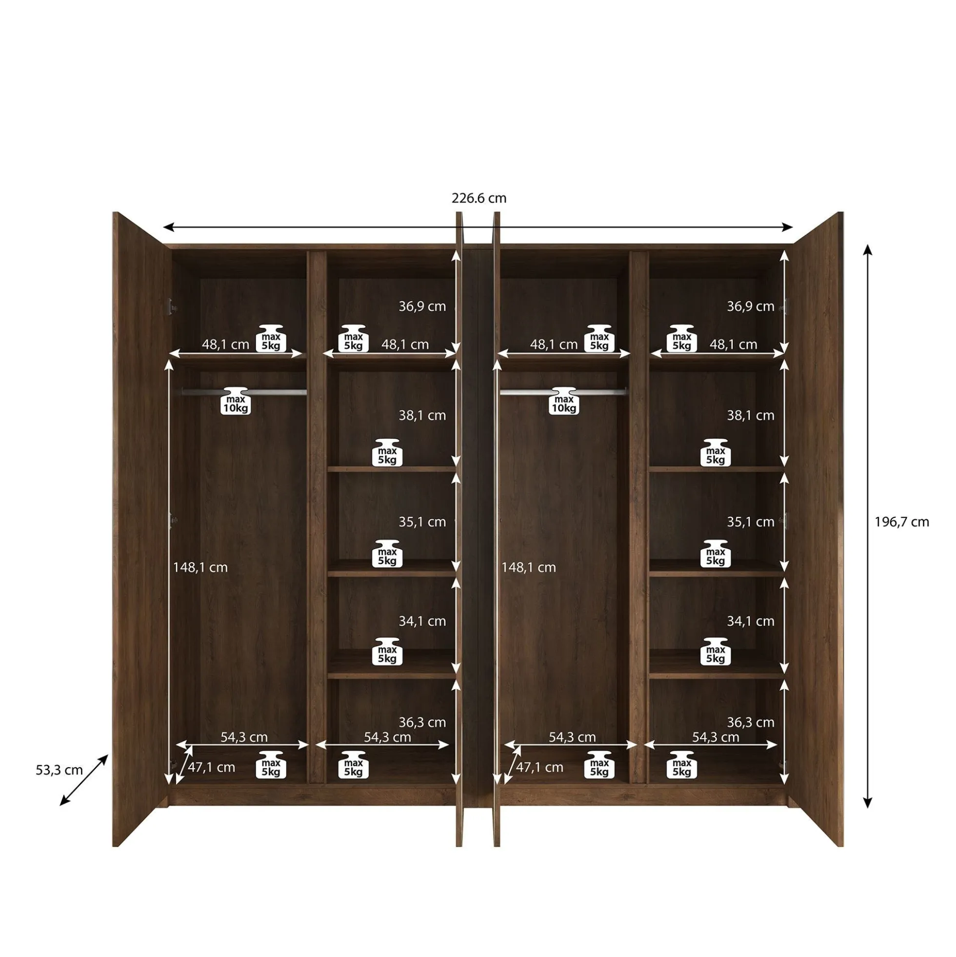 Malibu - Kledingkast 4-deurs - Mat zwart - 227x53x197 cm