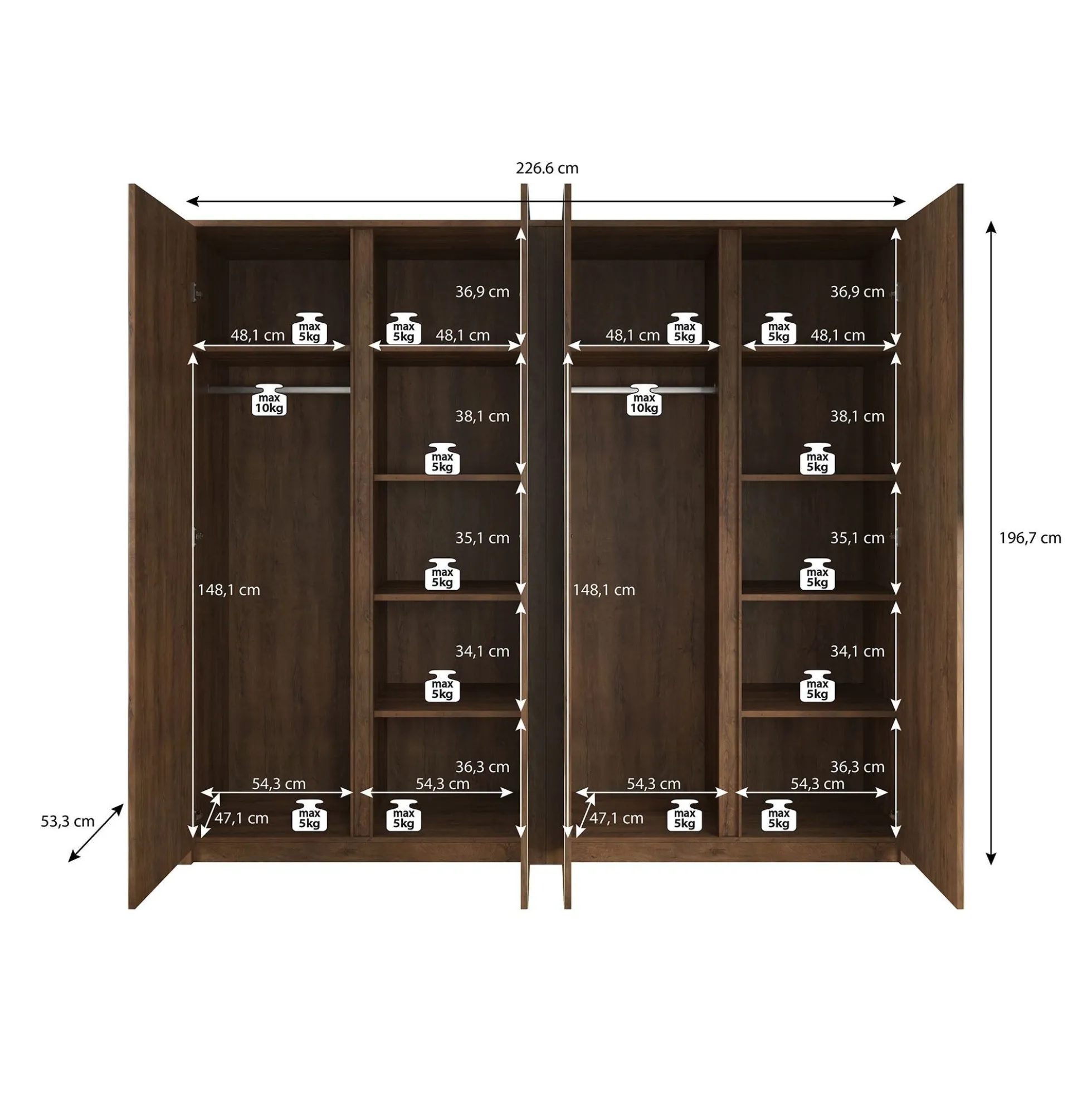 Malibu - Kledingkast 4-deurs - Eiken - 227x53x197 cm
