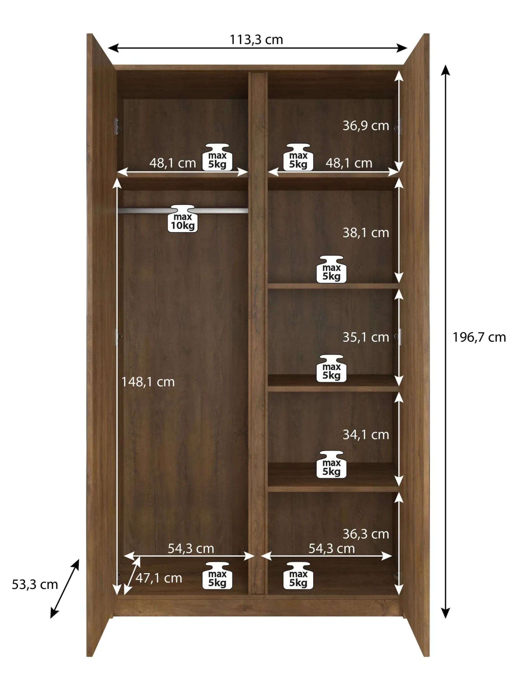 Malibu - Kledingkast 2-deurs - Wit - 113x53x197 cm
