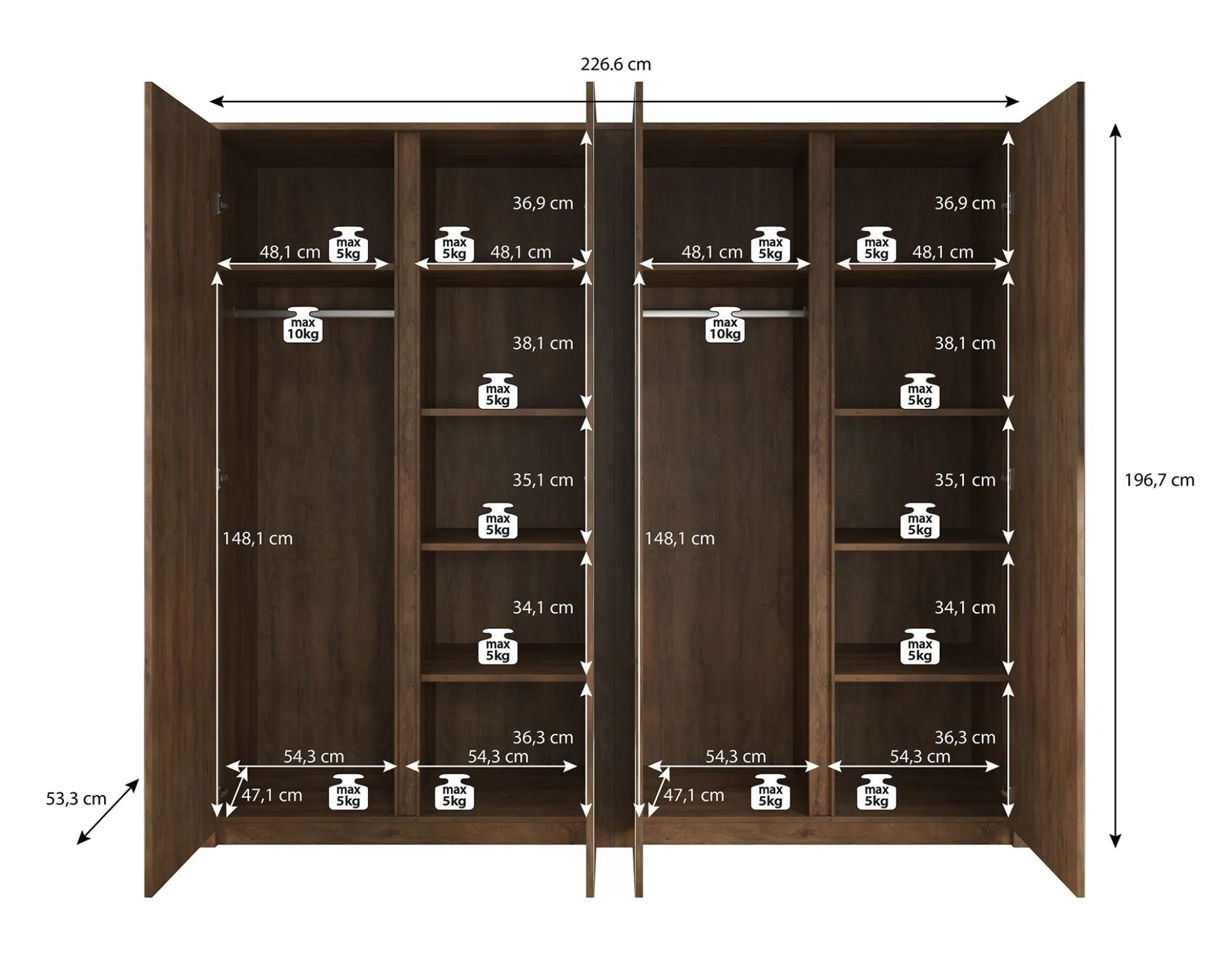 Malibu - Kledingkast 4-deurs - Wit - 227x53x197 cm