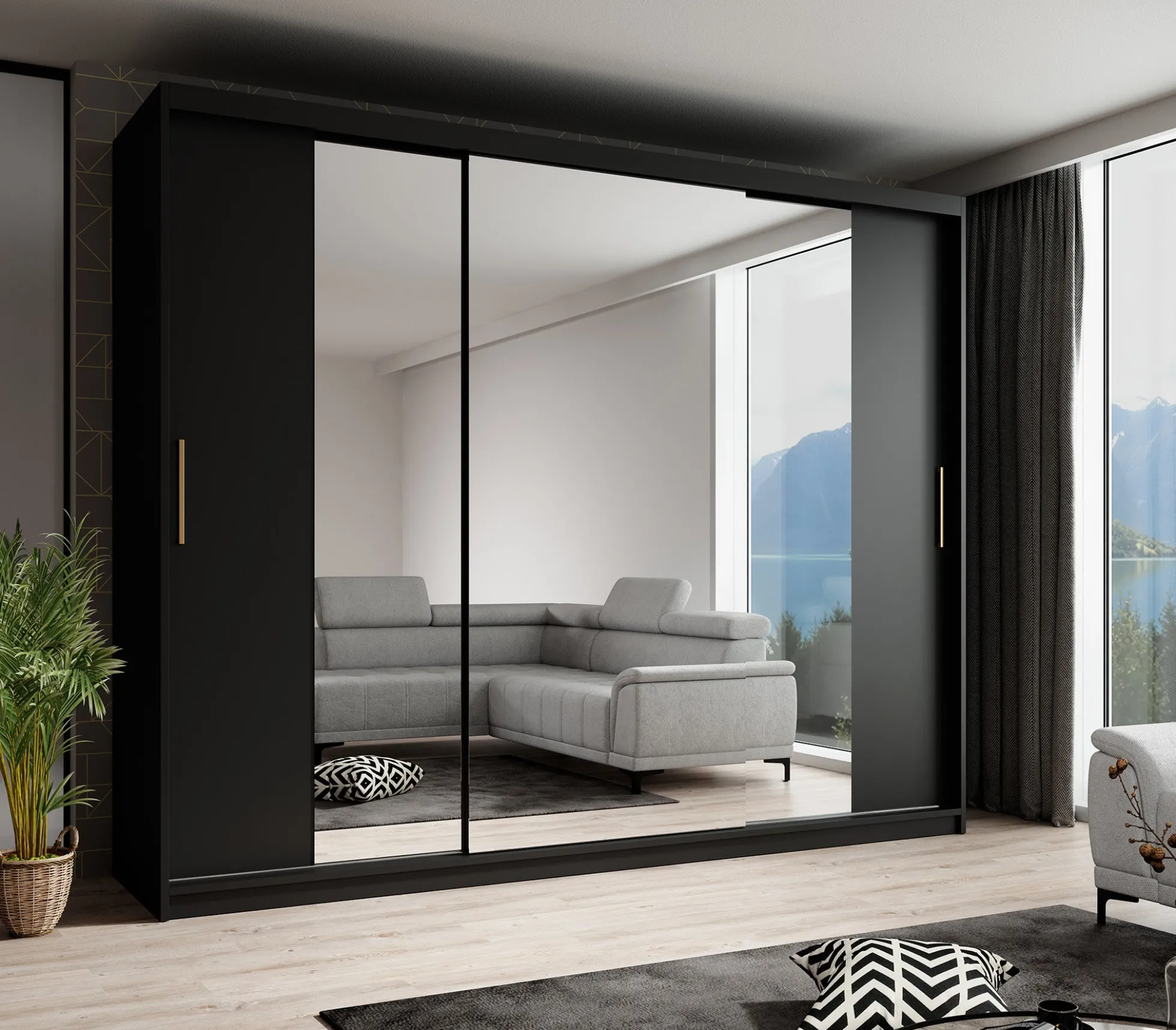 Mandalin - Kledingkast met spiegel - Zwart - 250x62x200 cm