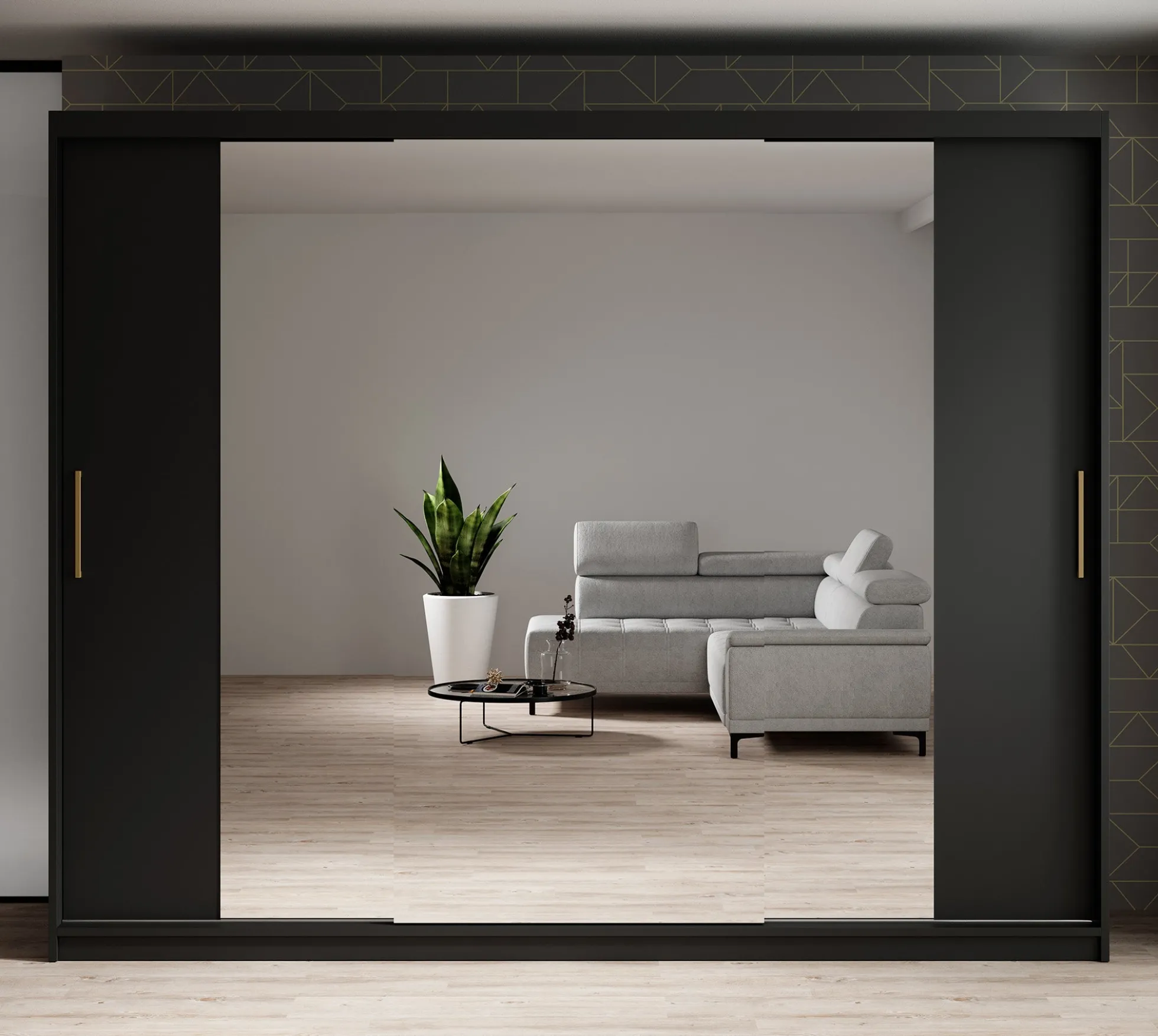 Mandalin - Kledingkast met spiegel - Zwart - 250x62x200 cm