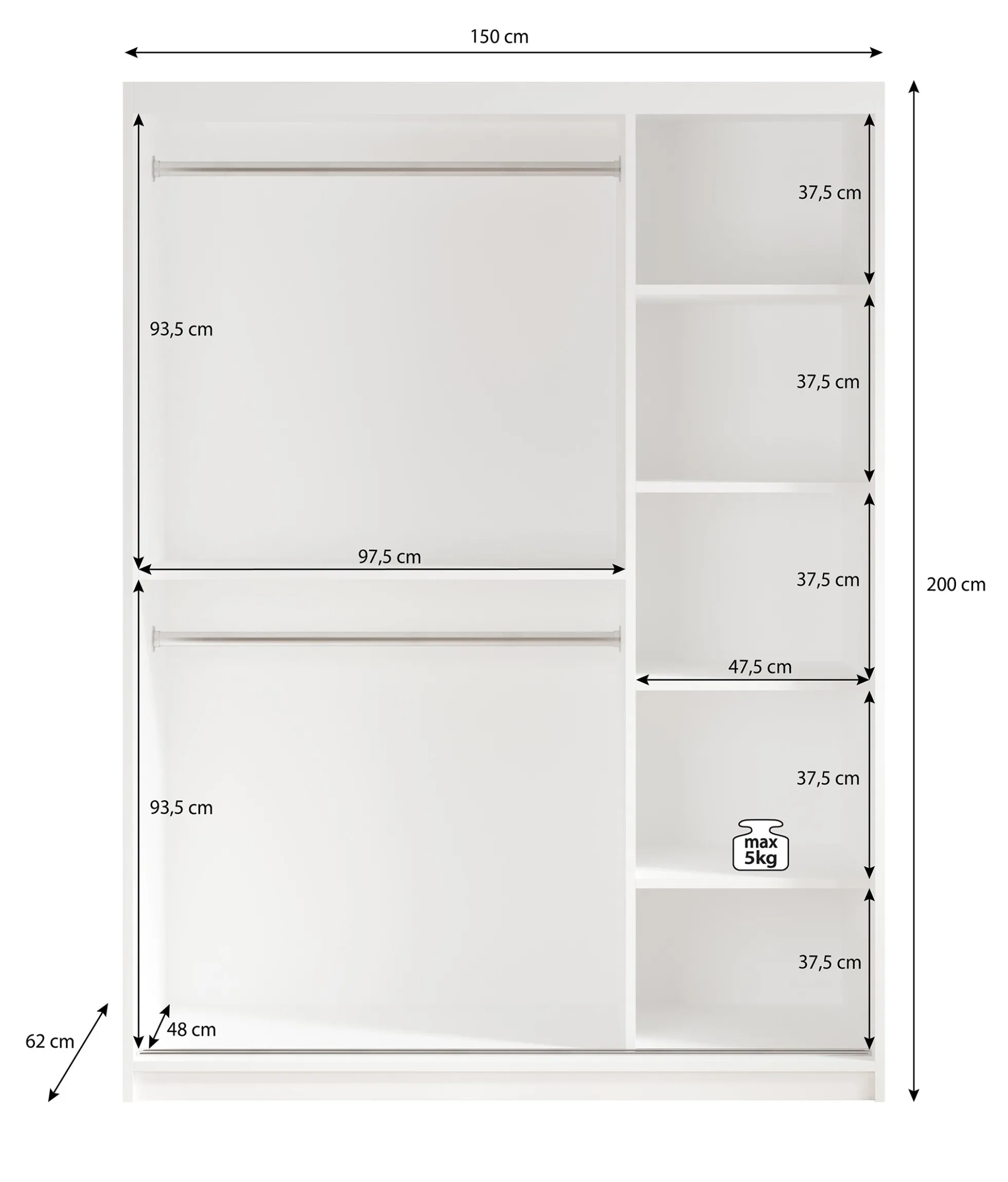Mandalin - Kledingkast met schuifdeuren - Zwart - 150x62x200 cm