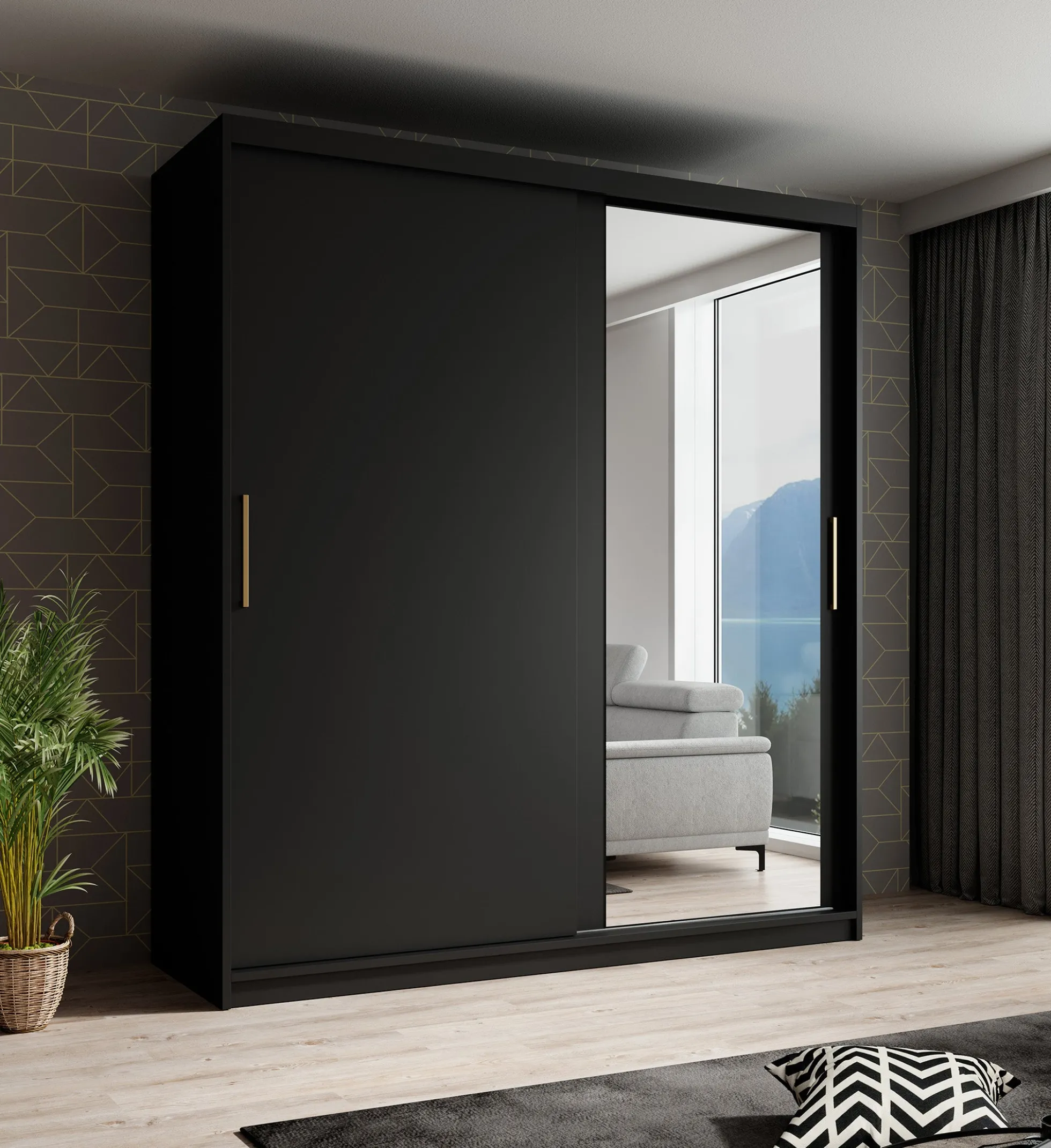 Mandalin - Kledingkast met spiegel - Zwart - 180x62x200 cm