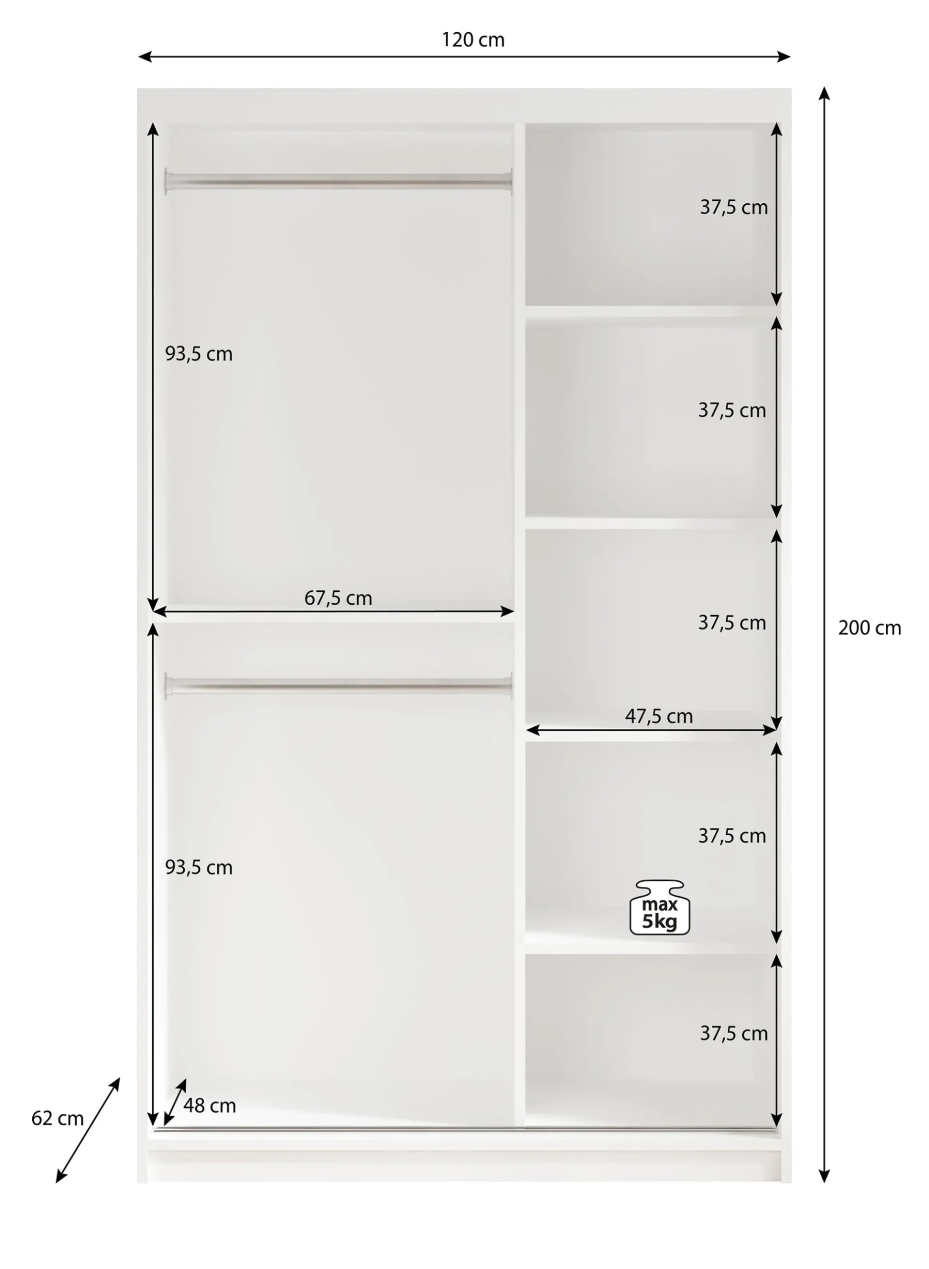 Mandalin - Kledingkast met schuifdeuren - Zwart - 120x62x200 cm