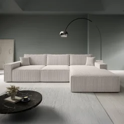 Manolo - Hoekbank 3-zits met chaise longue - Ribstof beige - Rechts