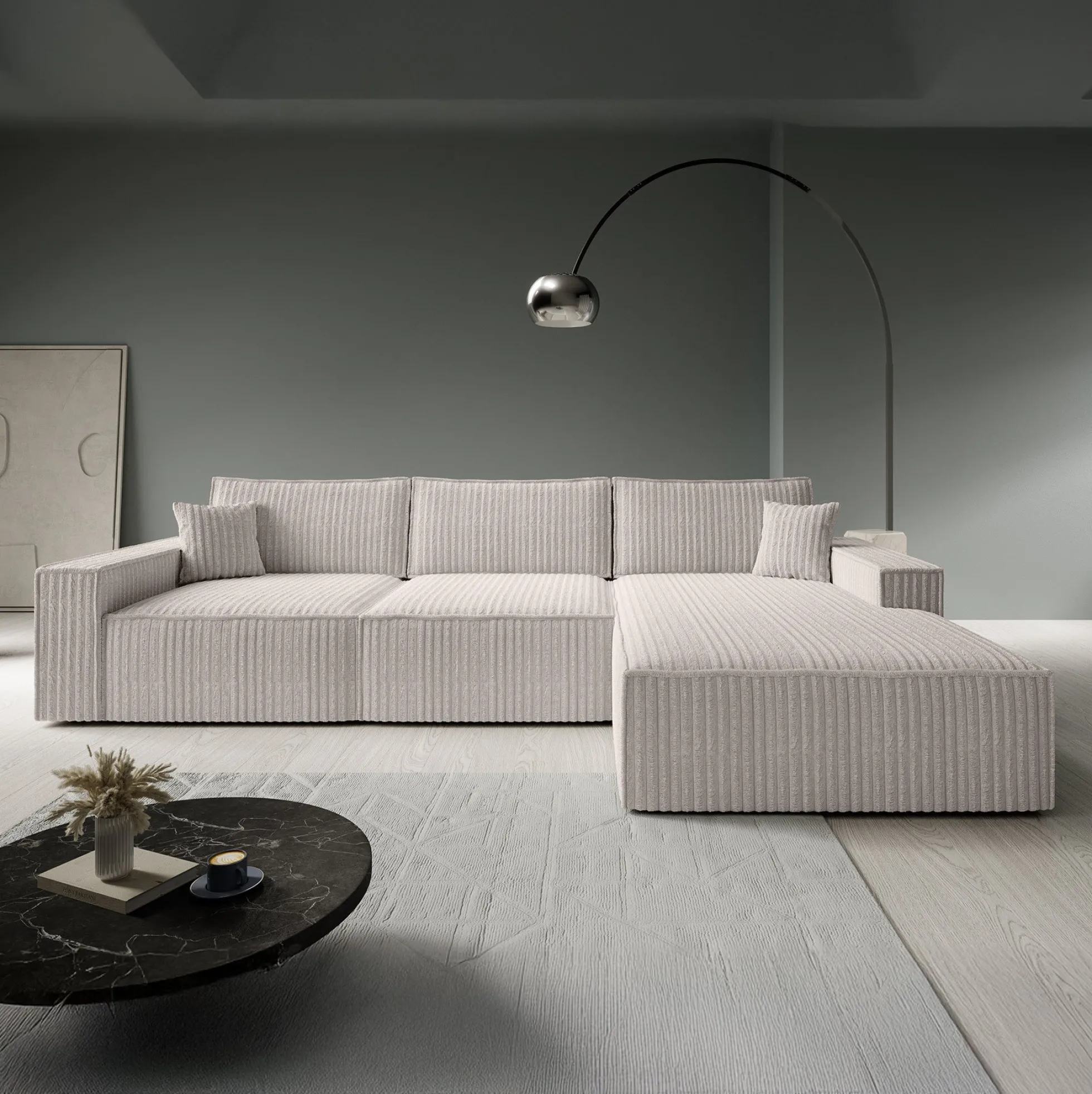 Manolo - Hoekbank 3-zits met chaise longue - Ribstof beige - Rechts