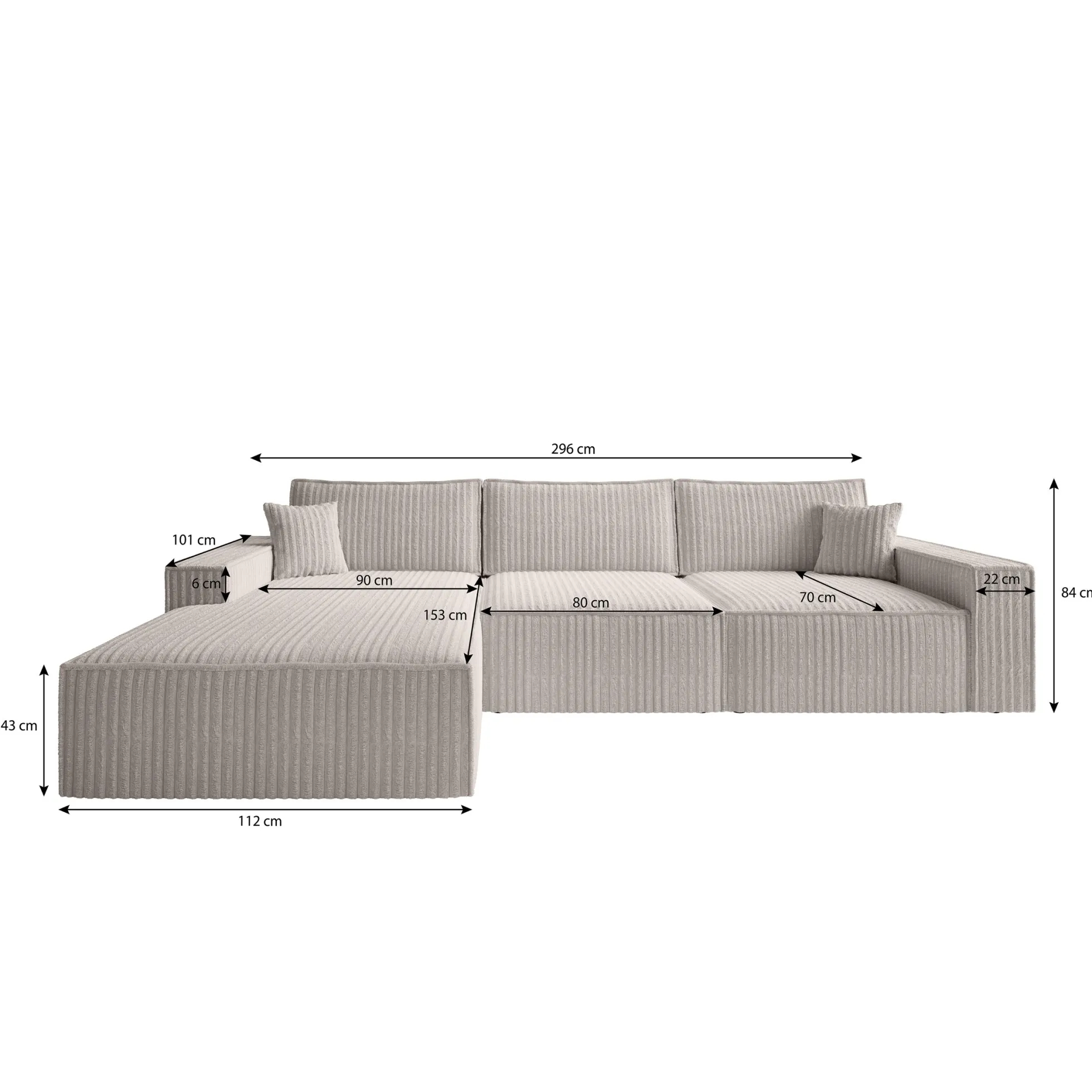 Manolo - Hoekbank 3-zits met chaise longue - Ribstof beige - Links