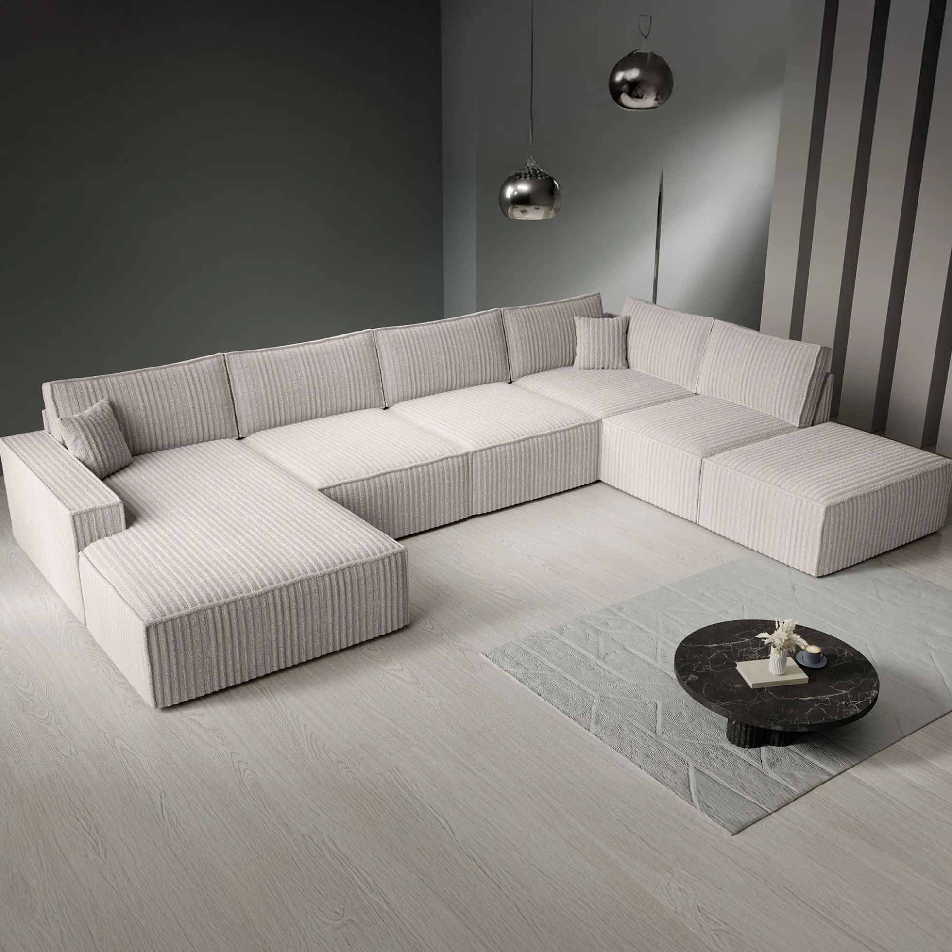 Manolo - Hoekbank 5-zits met chaise longue - Ribstof beige - Links