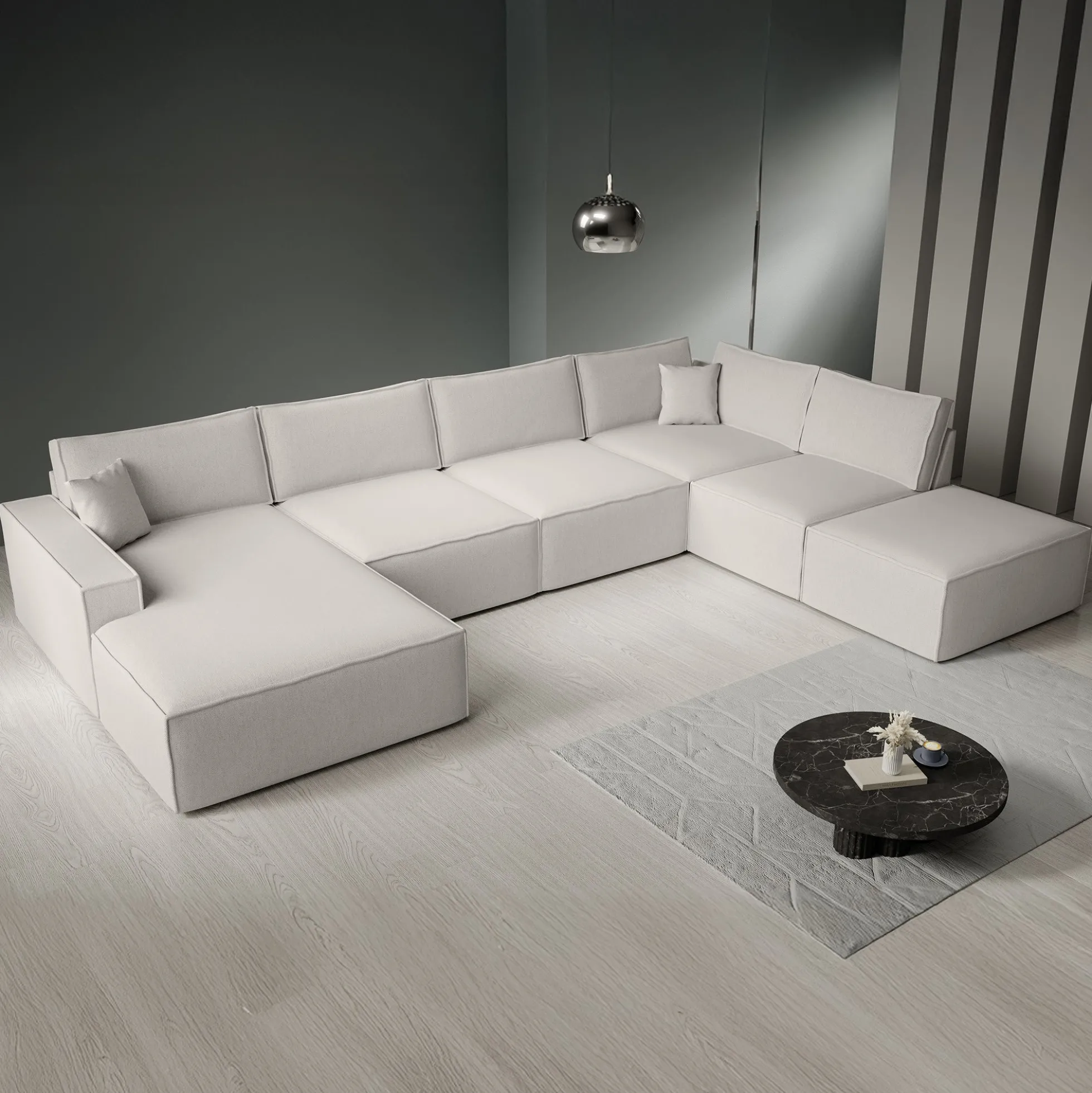 Manolo - Hoekbank 5-zits met chaise longue - Stof beige - Links
