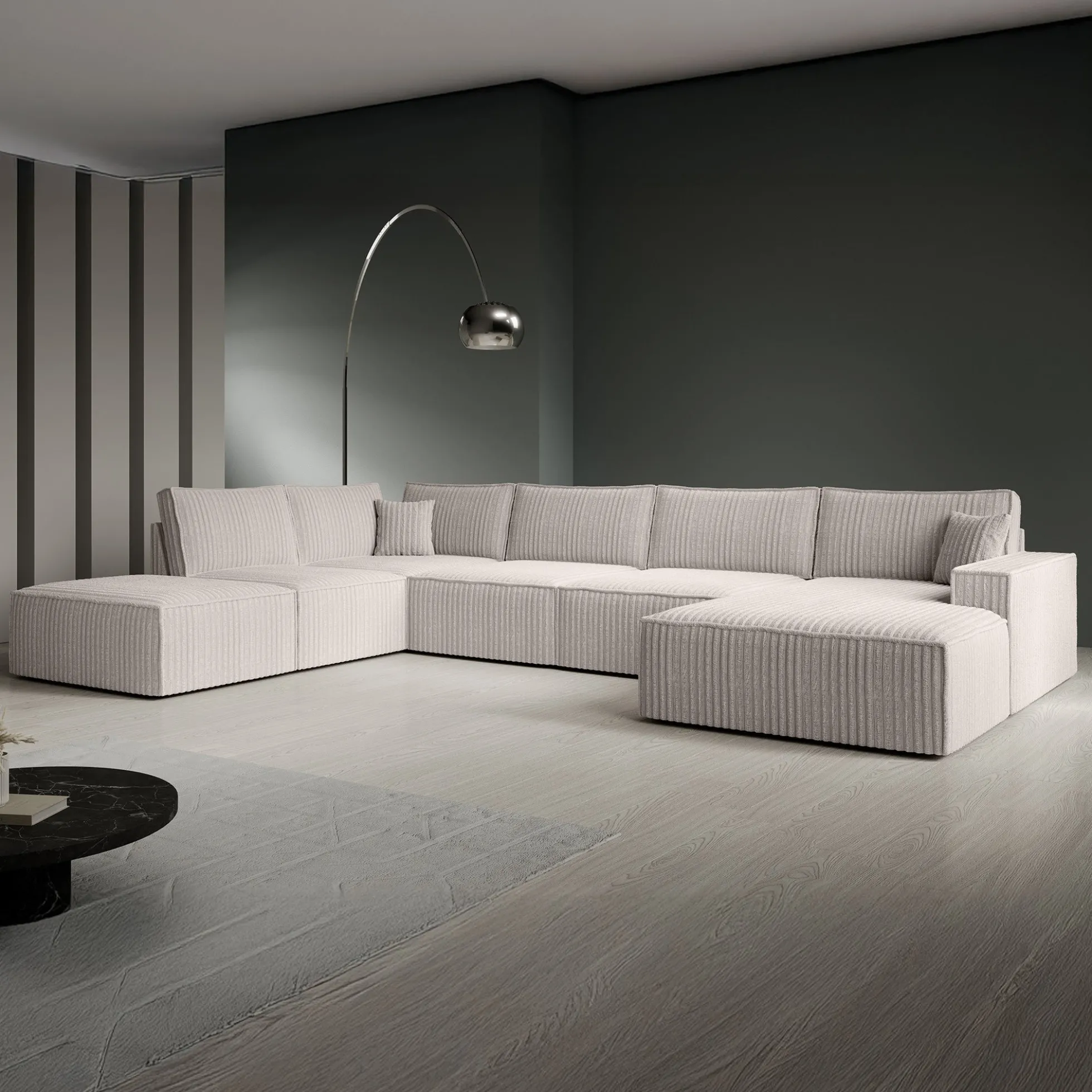 Manolo - Hoekbank 5-zits met chaise longue - Ribstof beige - Rechts