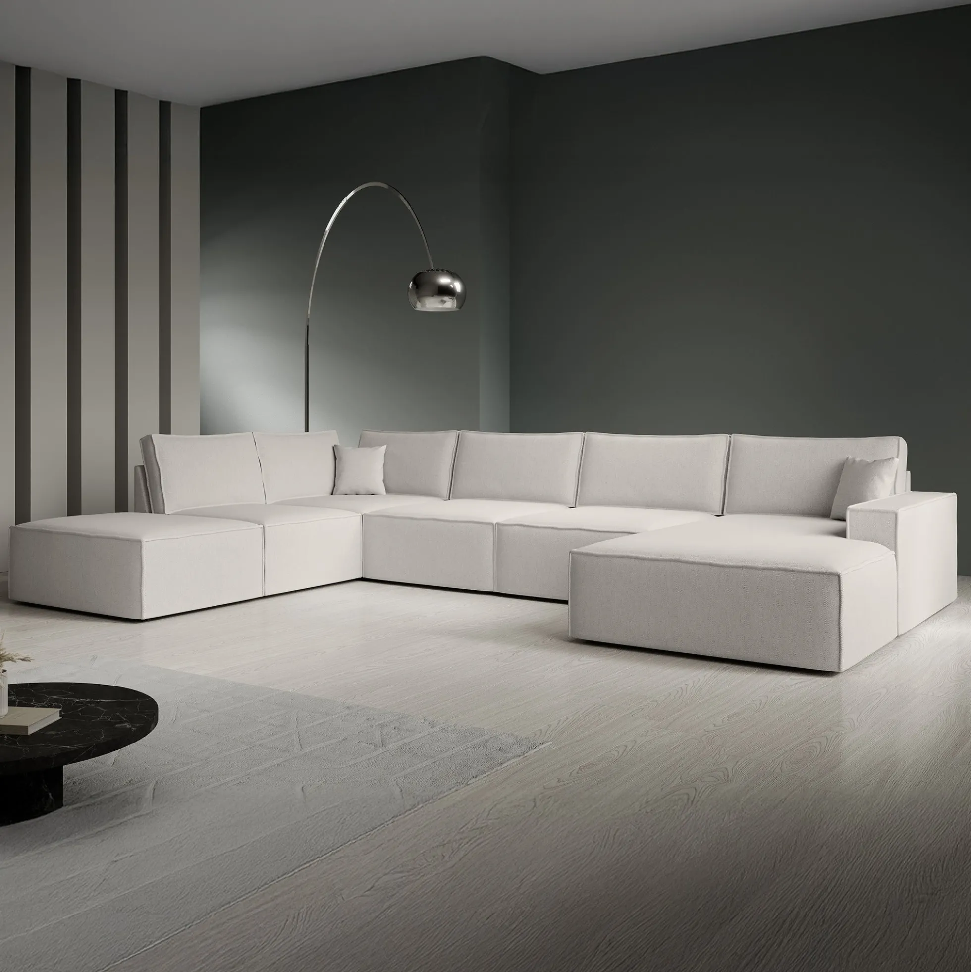 Manolo - Hoekbank 5-zits met chaise longue - Stof beige - Rechts