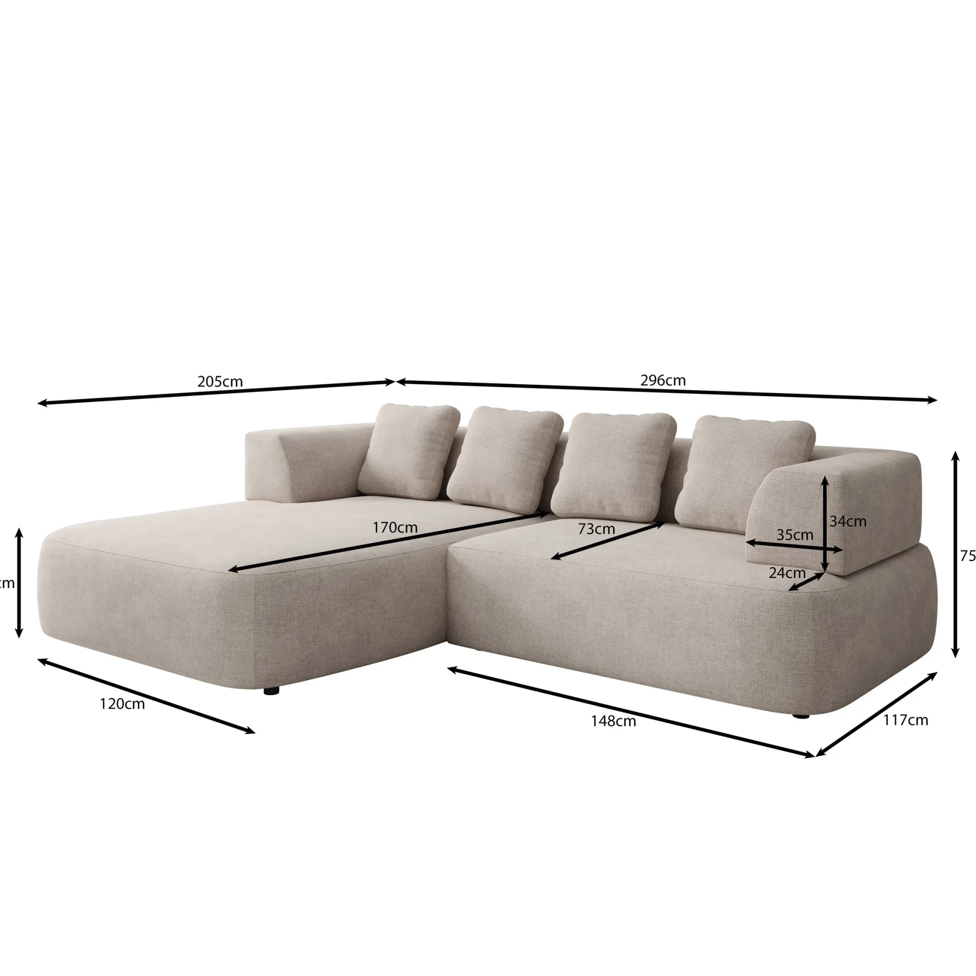 Marcelli - Hoekbank 3-zits met chaise longue - Stof beige - Links
