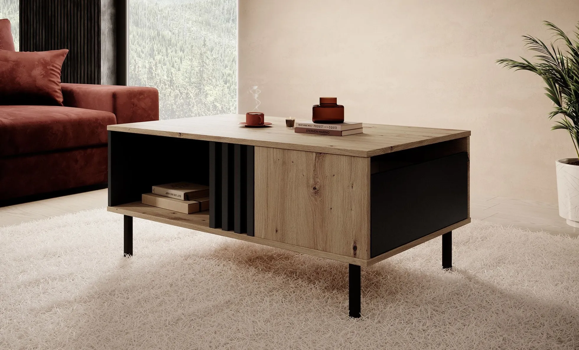 Marcos - Salontafel met lade - Eiken/antraciet