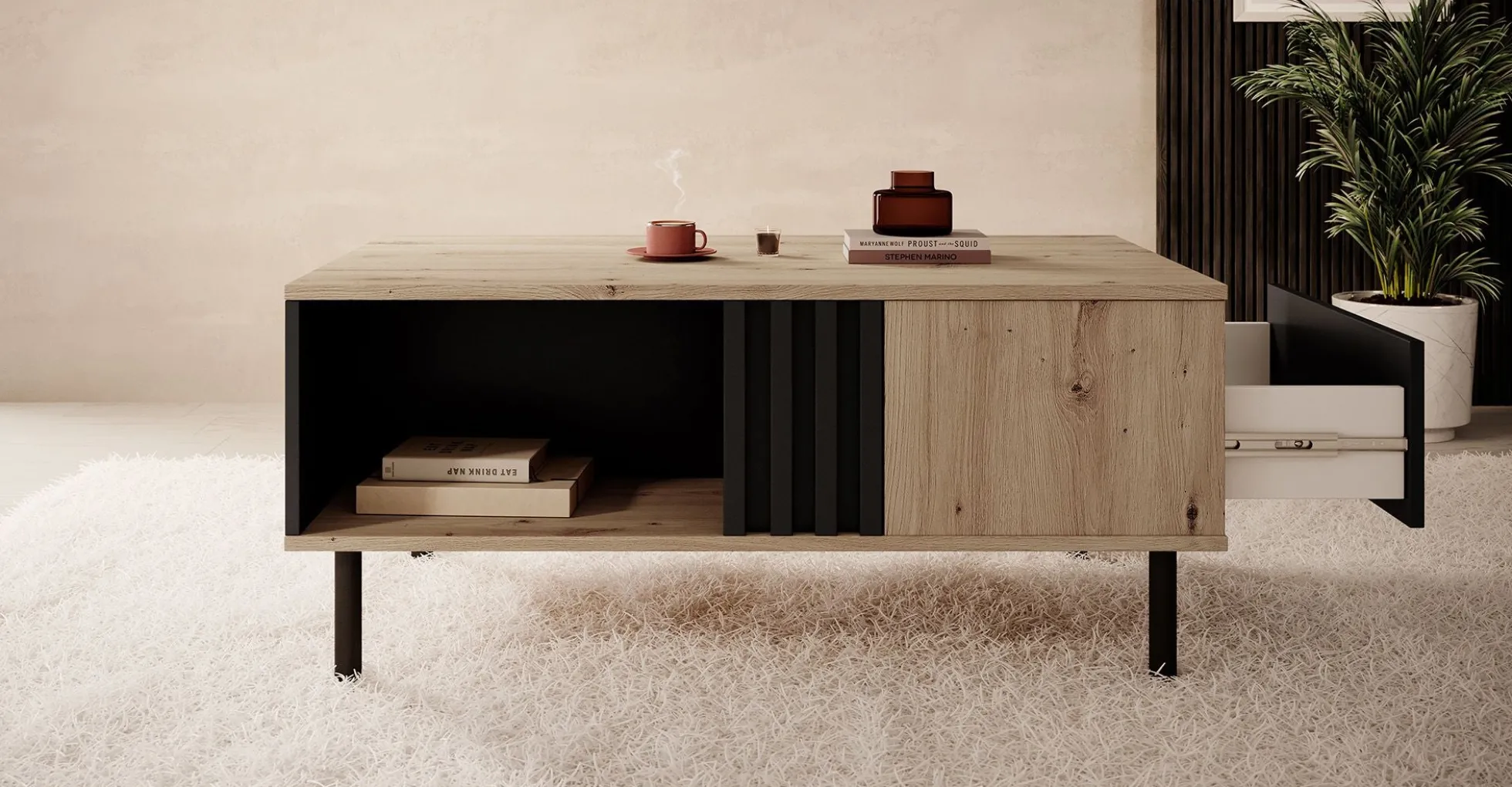 Marcos - Salontafel met lade - Eiken/antraciet
