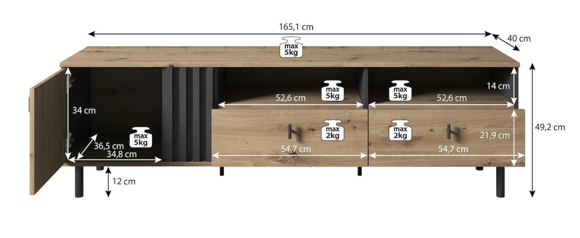 Marcos - TV-Meubel - Eiken/antraciet - 165 cm