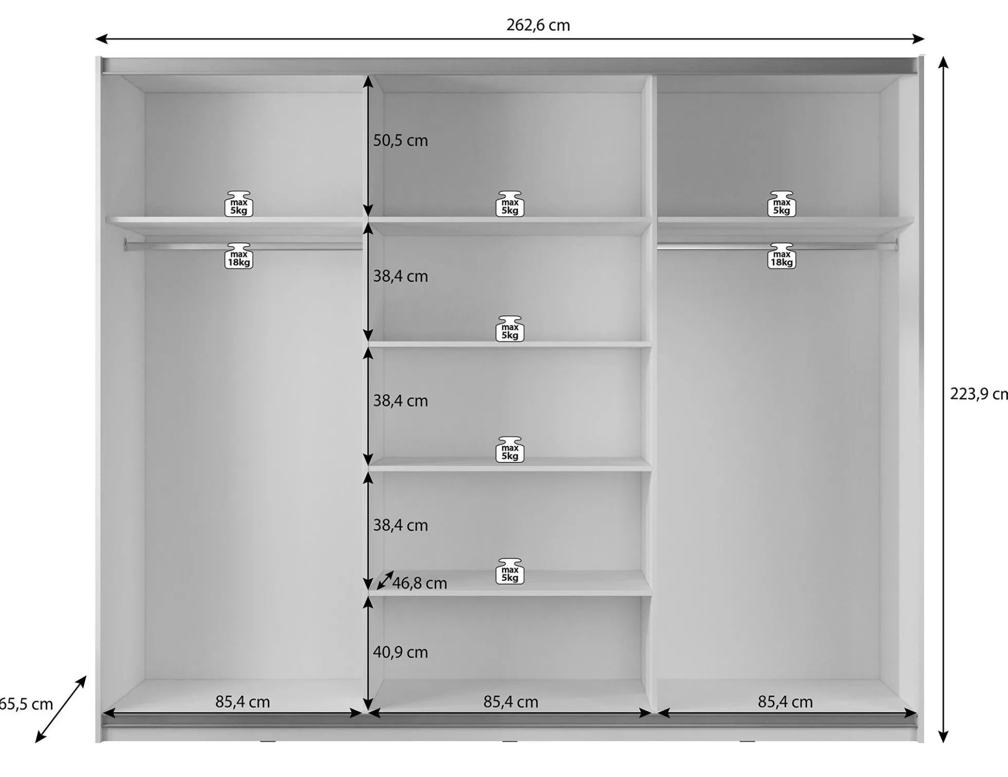 Mariah - Kledingkast met schuifdeuren - Wit - 263x66x224 cm