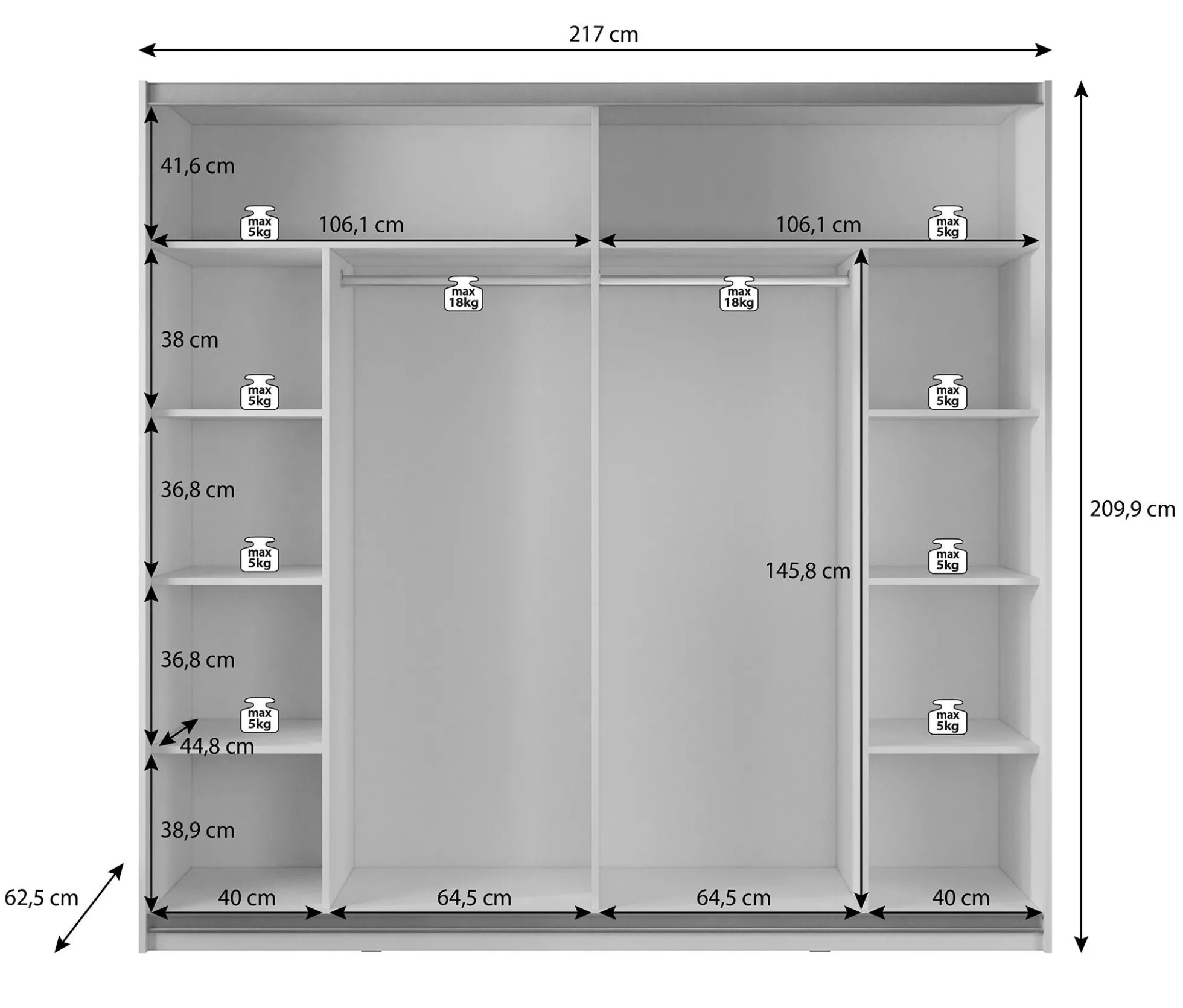 Mariah - Kledingkast met schuifdeuren - Wit - 217x63x210 cm