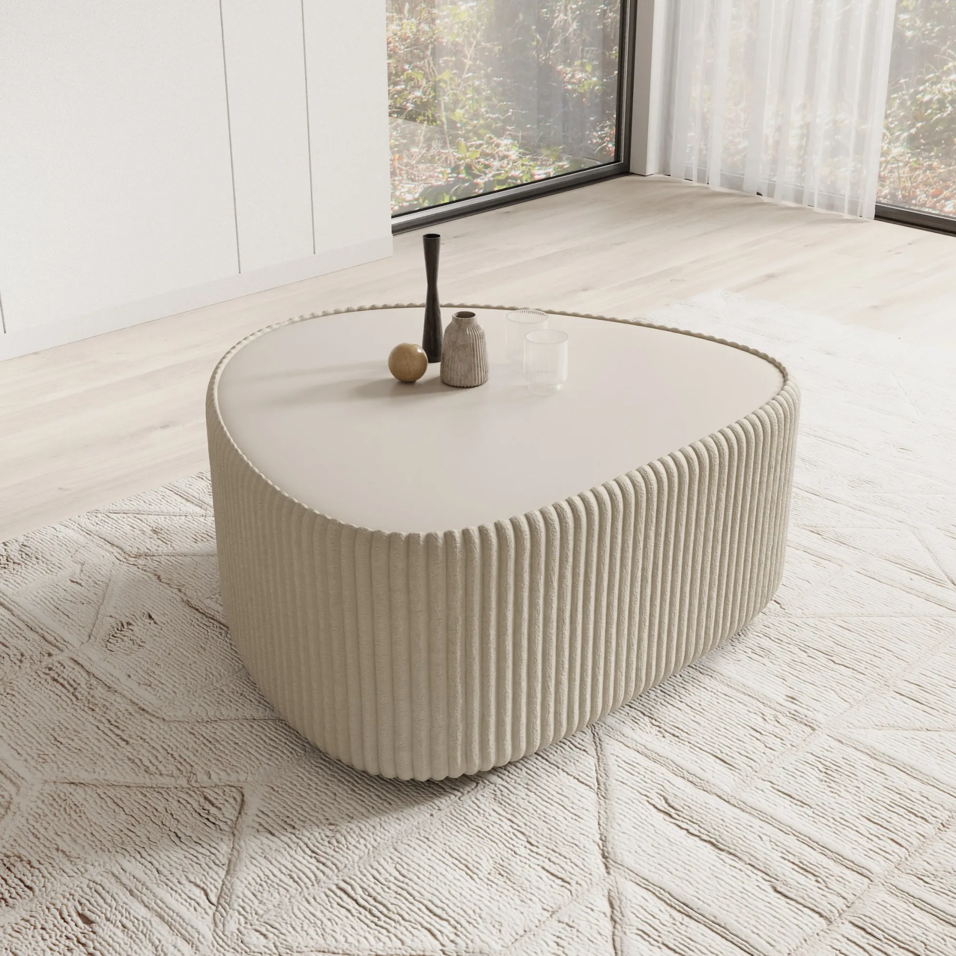 Marlen - Salontafel - Fluffy ribstof beige - 96x89x42 cm