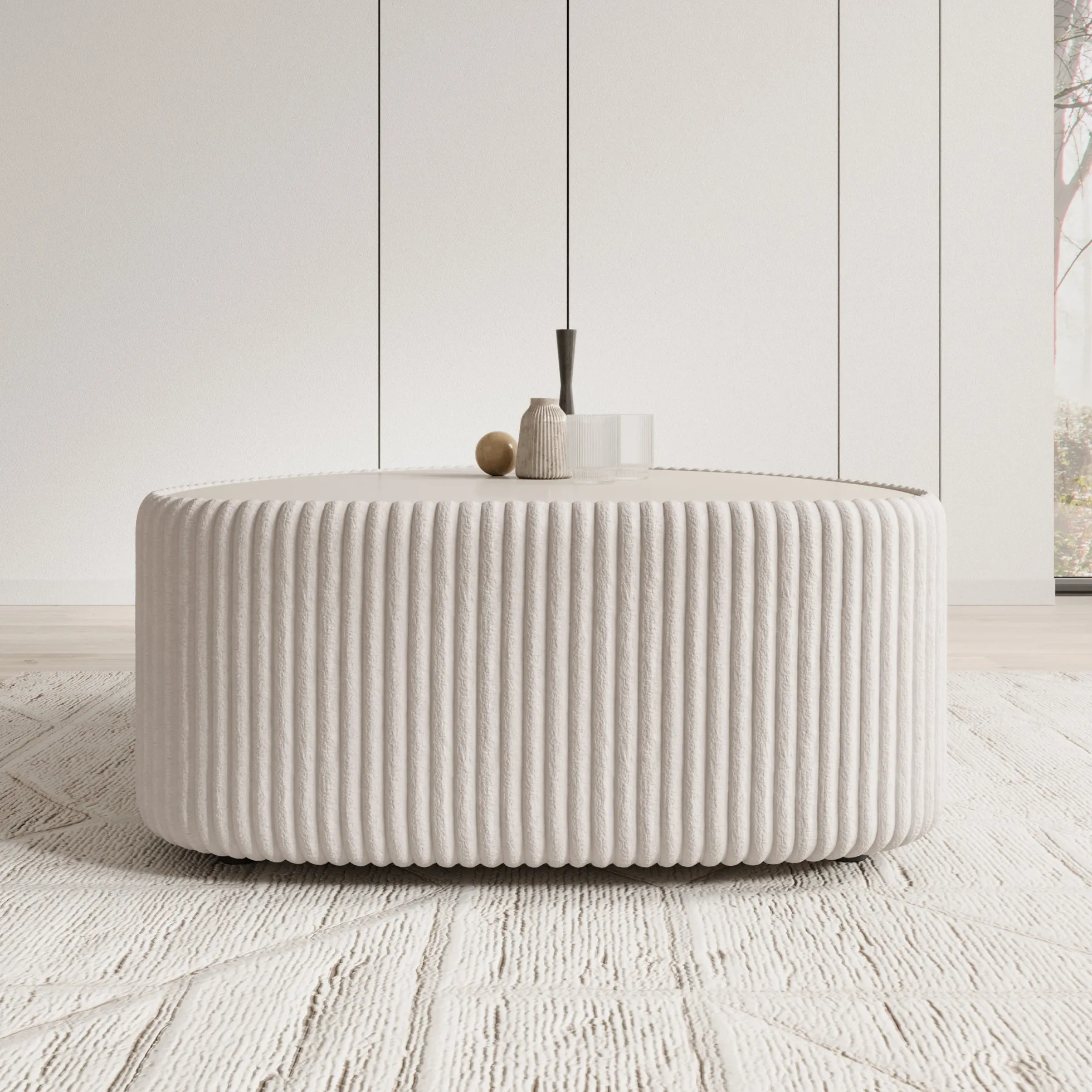 Marlen - Salontafel - Fluffy ribstof wit - 96x89x42 cm