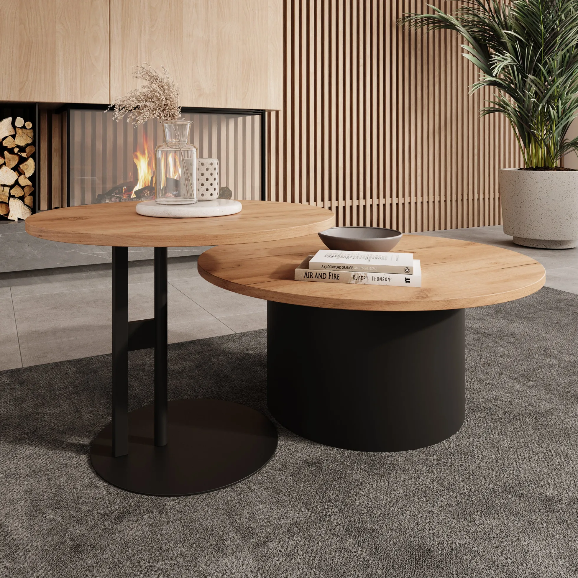 Mastro - Salontafel set van 2 - Zwart / Eikenpatroon - 58-75