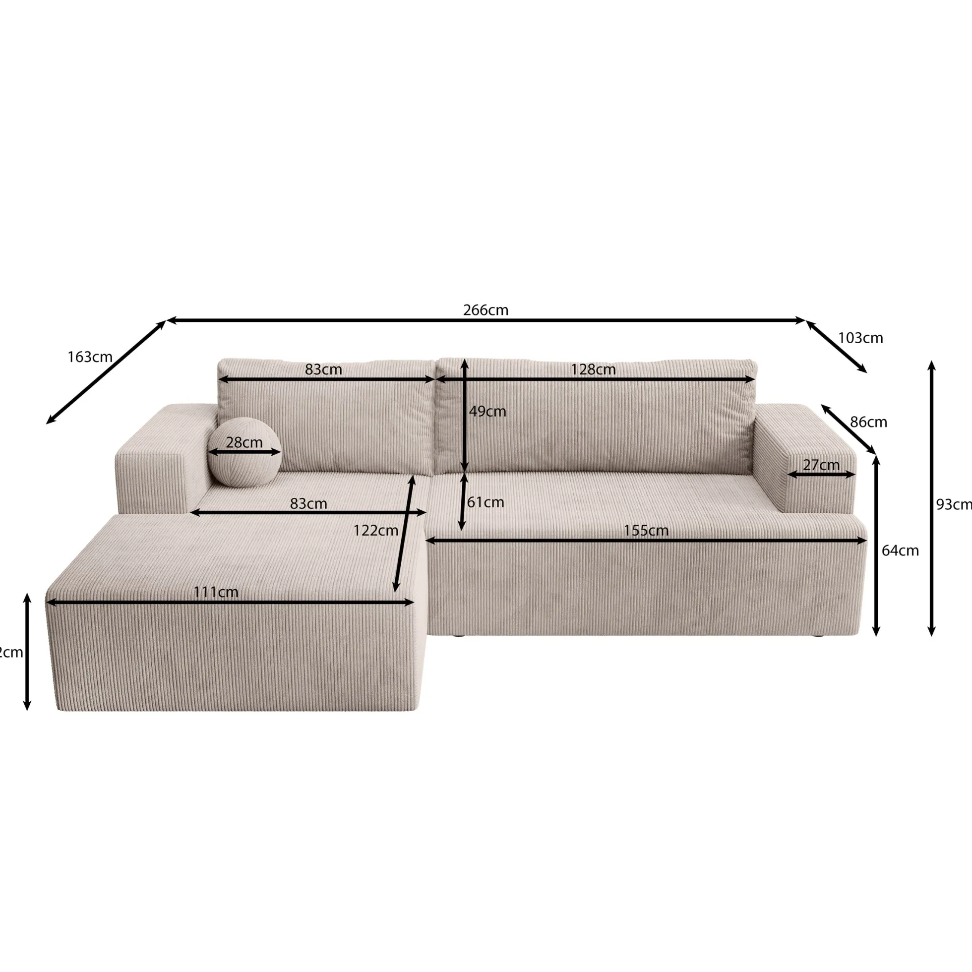 Mavana - Hoekbank 2-zits met chaise longue - Ribstof beige - Links