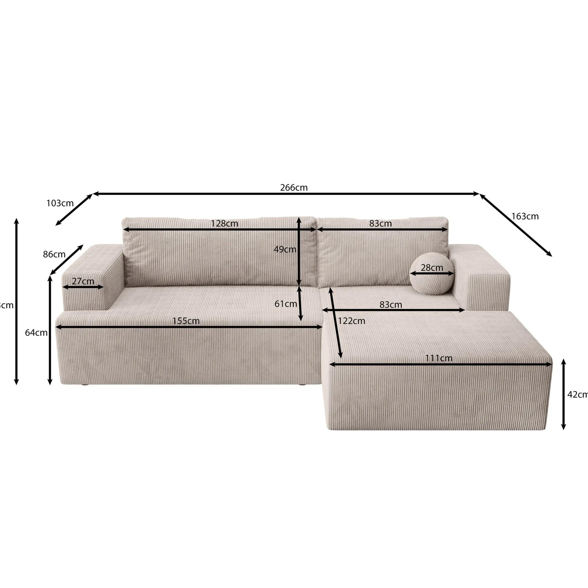 Mavana - Hoekbank 2-zits met chaise longue - Ribstof zwart - Rechts