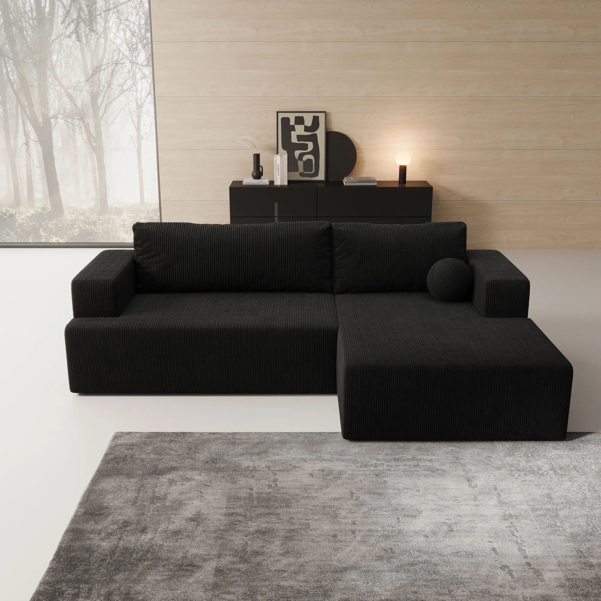 Mavana - Hoekbank 2-zits met chaise longue - Ribstof zwart - Rechts
