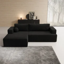 Mavana - Hoekbank 2-zits met chaise longue - Ribstof zwart - Links
