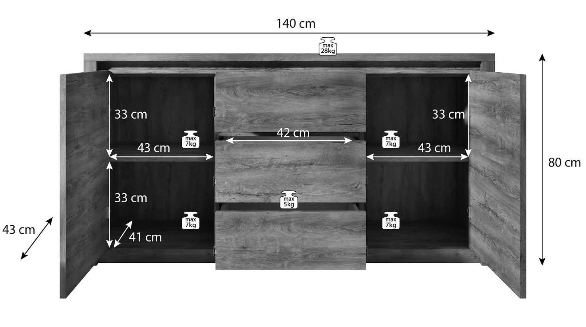 Melody - Dressoir - Wit/eiken - 140x43x80 cm