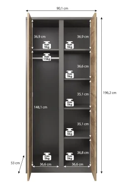Melody - Kledingkast 2-deurs - Wit/eiken - 90x53x197 cm